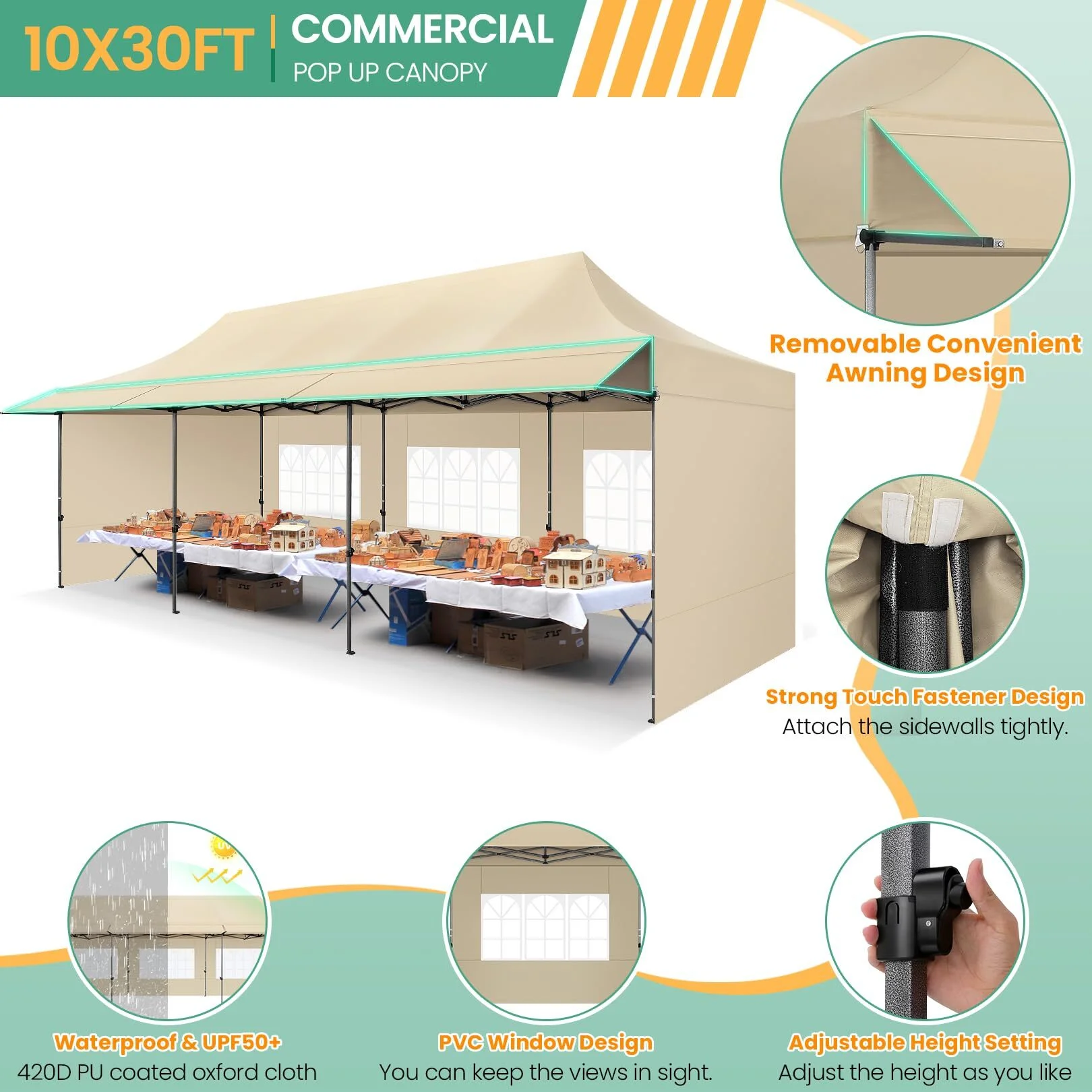 COBIZI 10x20 Pop Up Canopy Heavy Duty Party Tent with Removable Awning and Sidewalls,Easy Up Outdoor Wedding Canopy,Gazebo All Season Windproof&Waterproof with Roller Bag UPF 50+,Black - Image 23