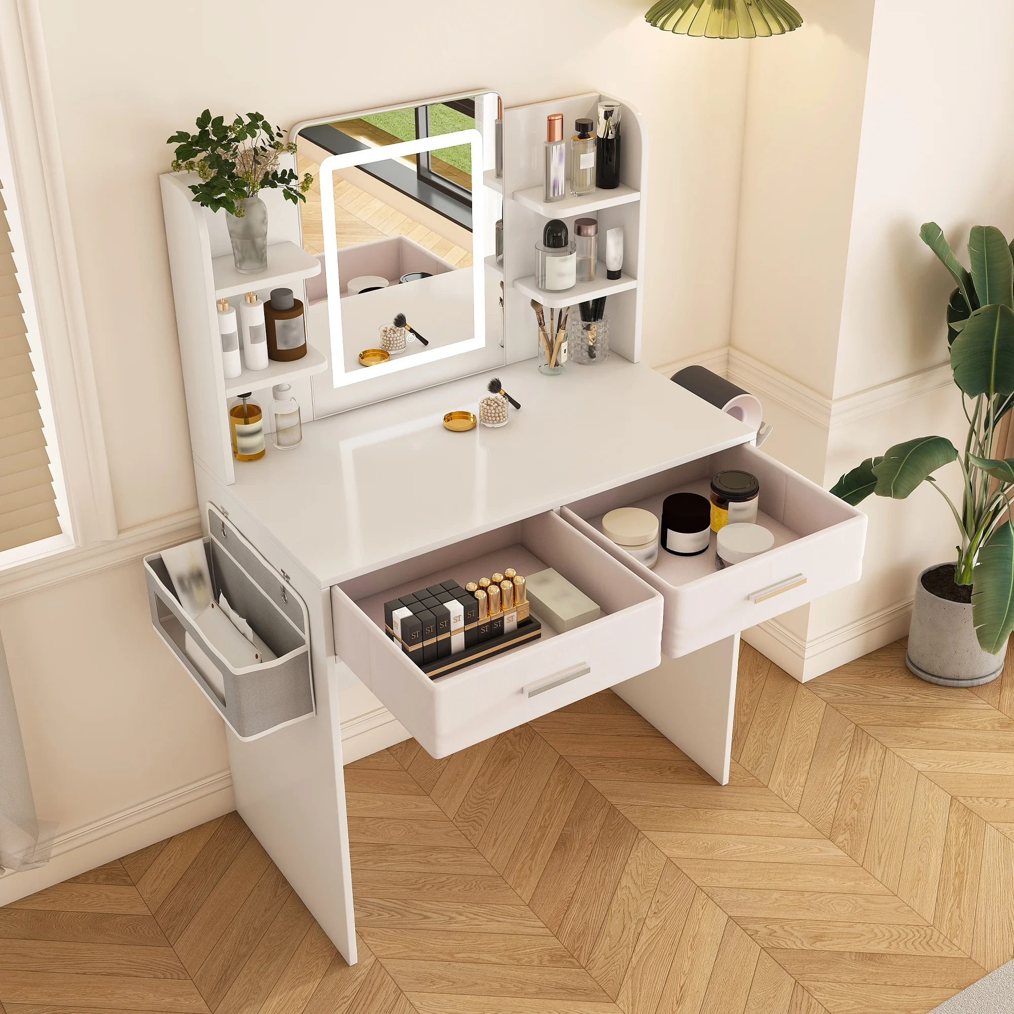 Montary Modern Mini Vanity w/Adjustable LED Mirror + Hidden Storage, Padded Stool & Dustproof Shelves (White) - Image 98