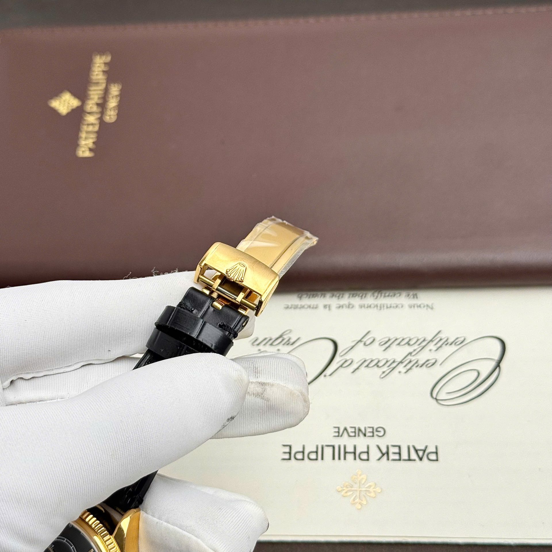 Rolex Perpetual 1908 Yellow Fake Watch Black Dial Leather Strap 39mm - Top club