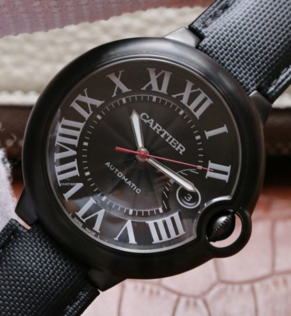 Replica Cartier V6F Ballon Bleu 42mm DLC All Black Black Textured Dial Leather Strap A1847 - Elite Watch Atelier