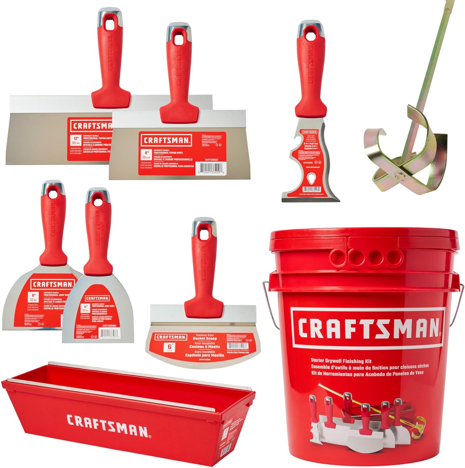 CRAFTSMAN Drywall Hand Tool Kit w/Bucket | 4 & 6-Inch Joint Knives, 8 & 12-Inch Taping Knives, 9-in-1 Multi Tool, Bucket Scoop, Mixer, Mud Pans | Taping, Finishing, Drywall Repairs