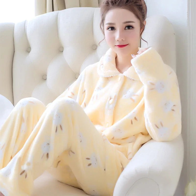 Warme Fleece Pyjama Dames van Koraal Fluweel voor Herfst en Winter
