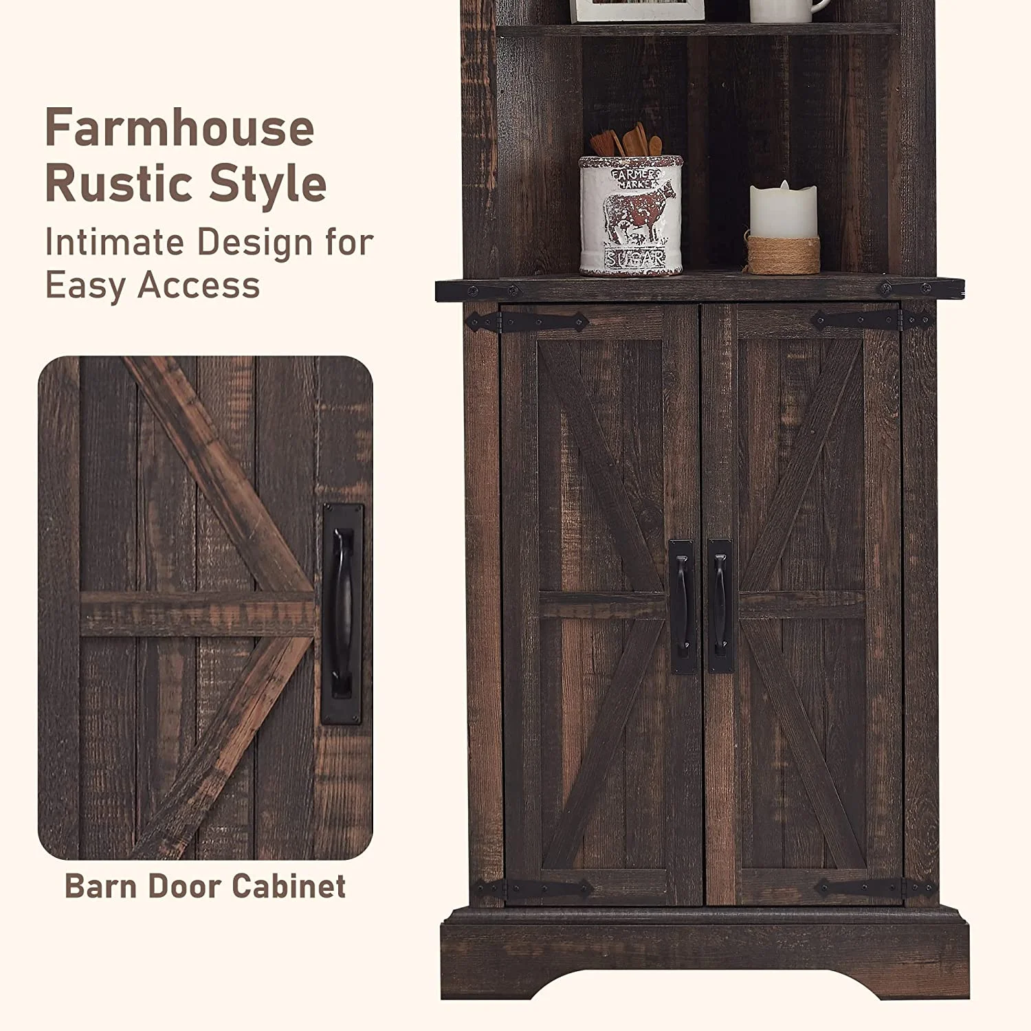 OKD Farmhouse Tall Corner Cabinet with Barn Door & Adjustable Shelves, 68" Rustic Wood Corner Cabinet with Storage Cabinet for Bathroom, Kitchen, Antique White - Image 17