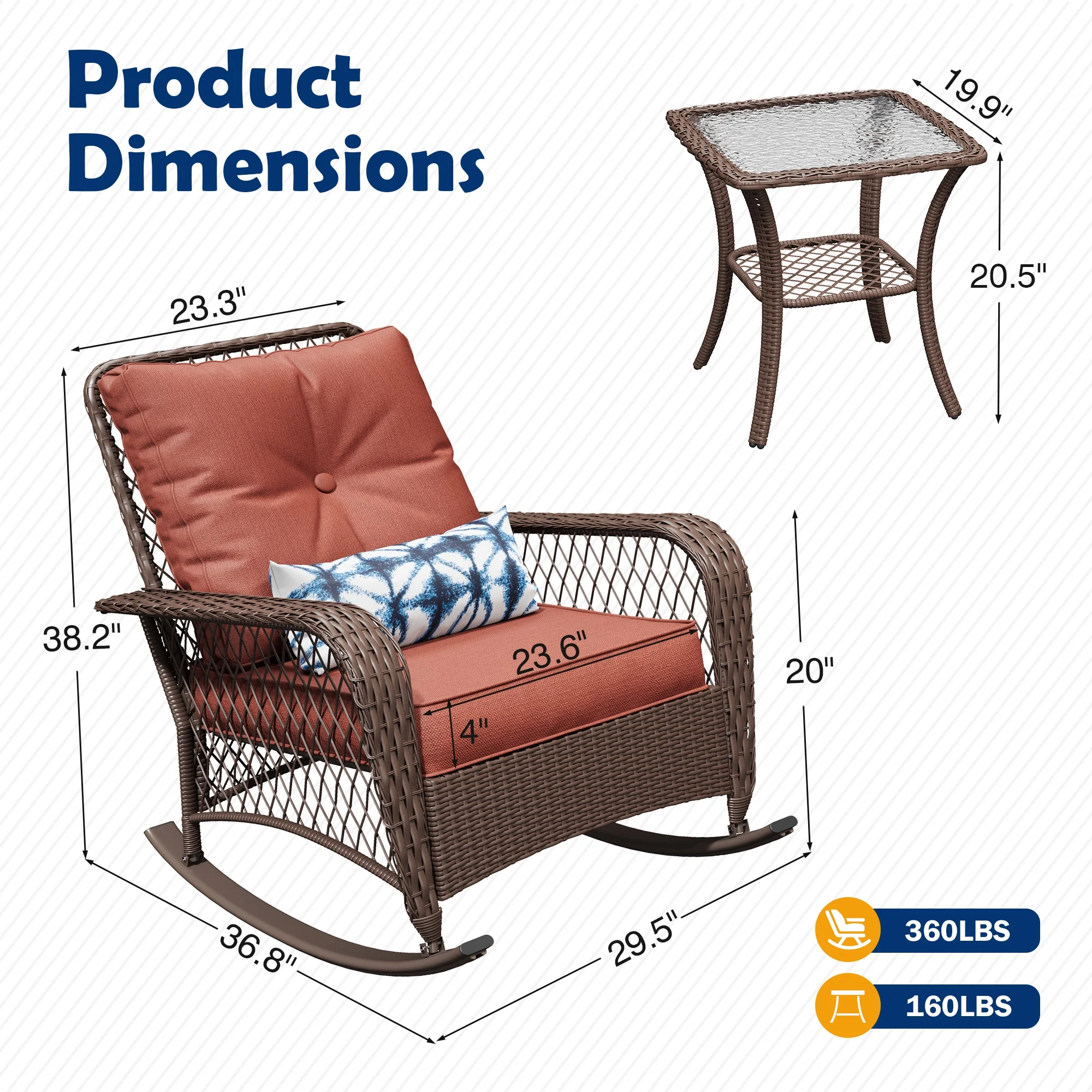 ELPOSUN 3-Piece Outdoor Rocking Chairs, Wicker Patio Furniture with Thickened Cushions and Table for Porch - Image 22
