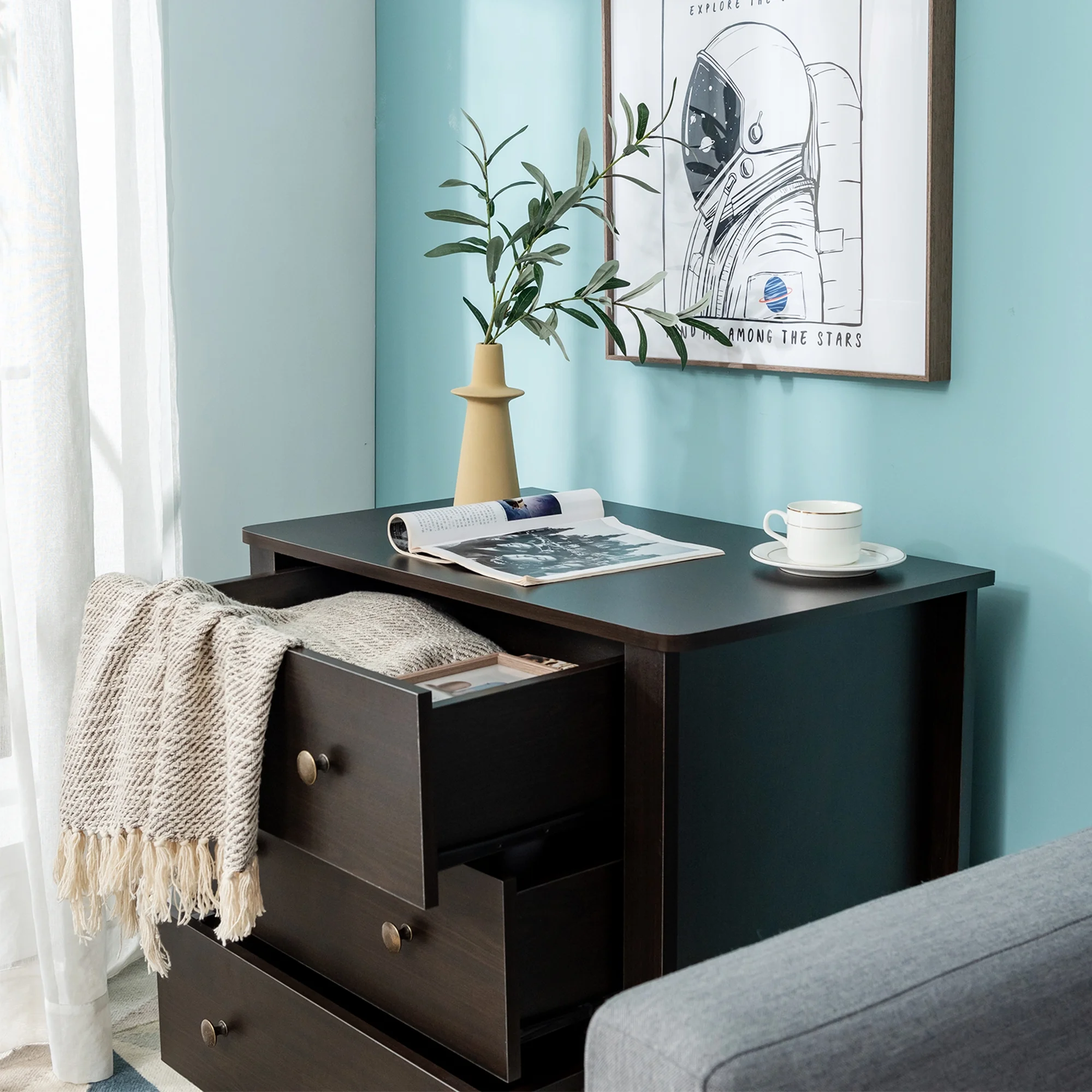 Gymax 3 Drawer Dresser Chest of Drawers Bedside Table for Living Room Bedroom Espresso - Image 6