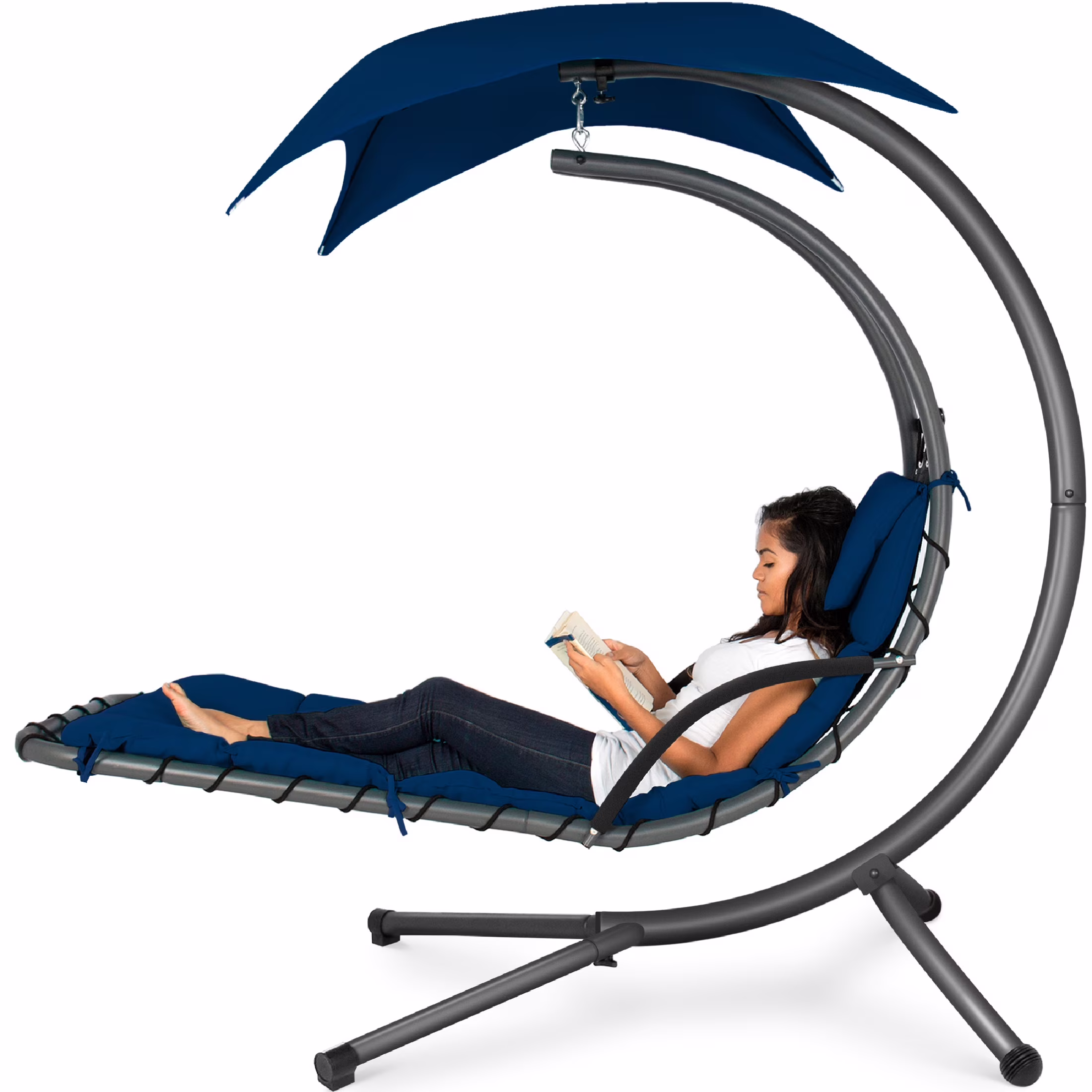 Best Choice Products Hanging Curved Chaise Lounge Chair Swing for Backyard, Patio w/ Pillow, Shade, Stand - Teal - Image 22