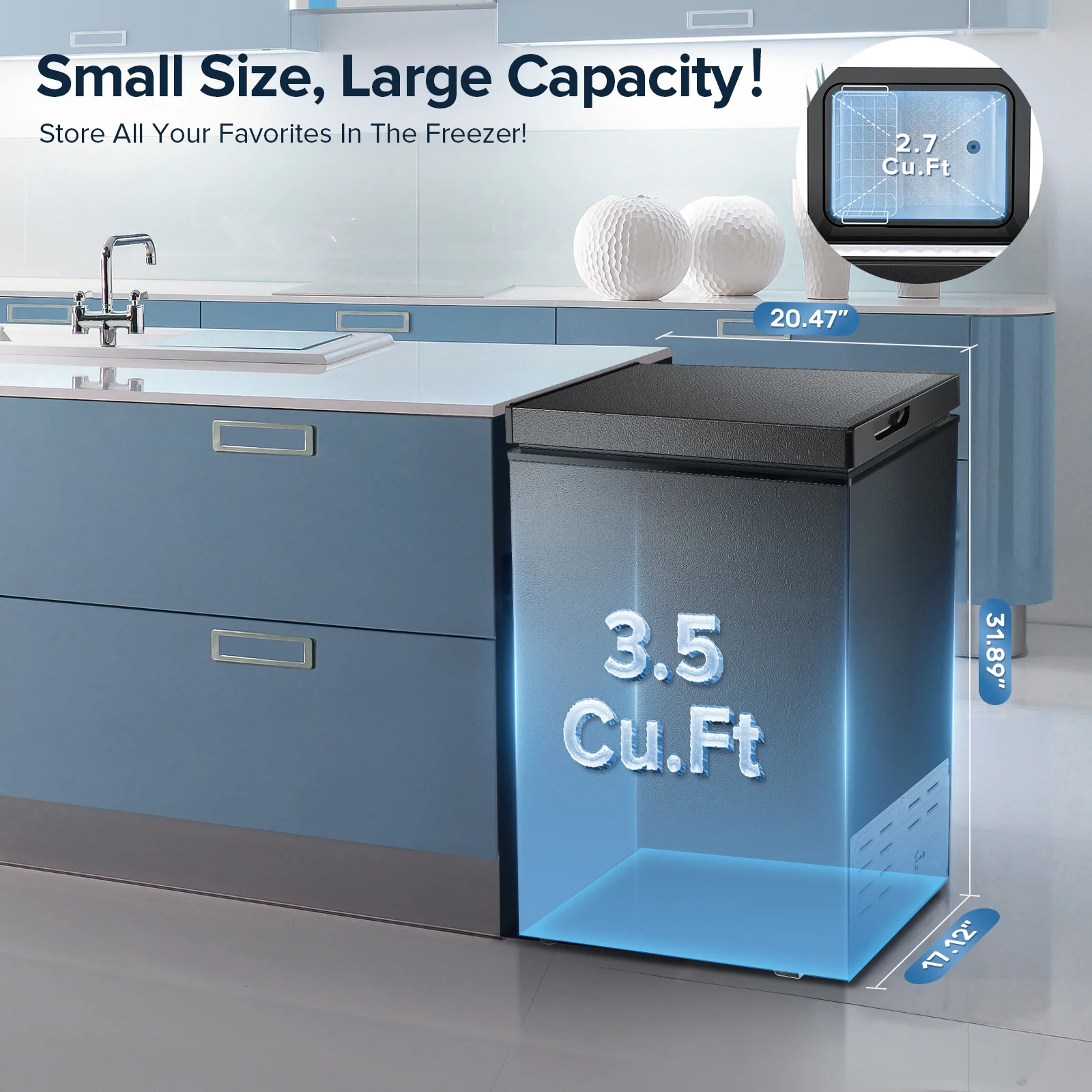 Auseo Mini Freezer Chest 3.5 cu ft, Black Deep Freezer & Side Handle, Compact Freezer with 7 Gear Adjustable Temperature, Removable Storage Basket*2, Energy Saving - Image 5