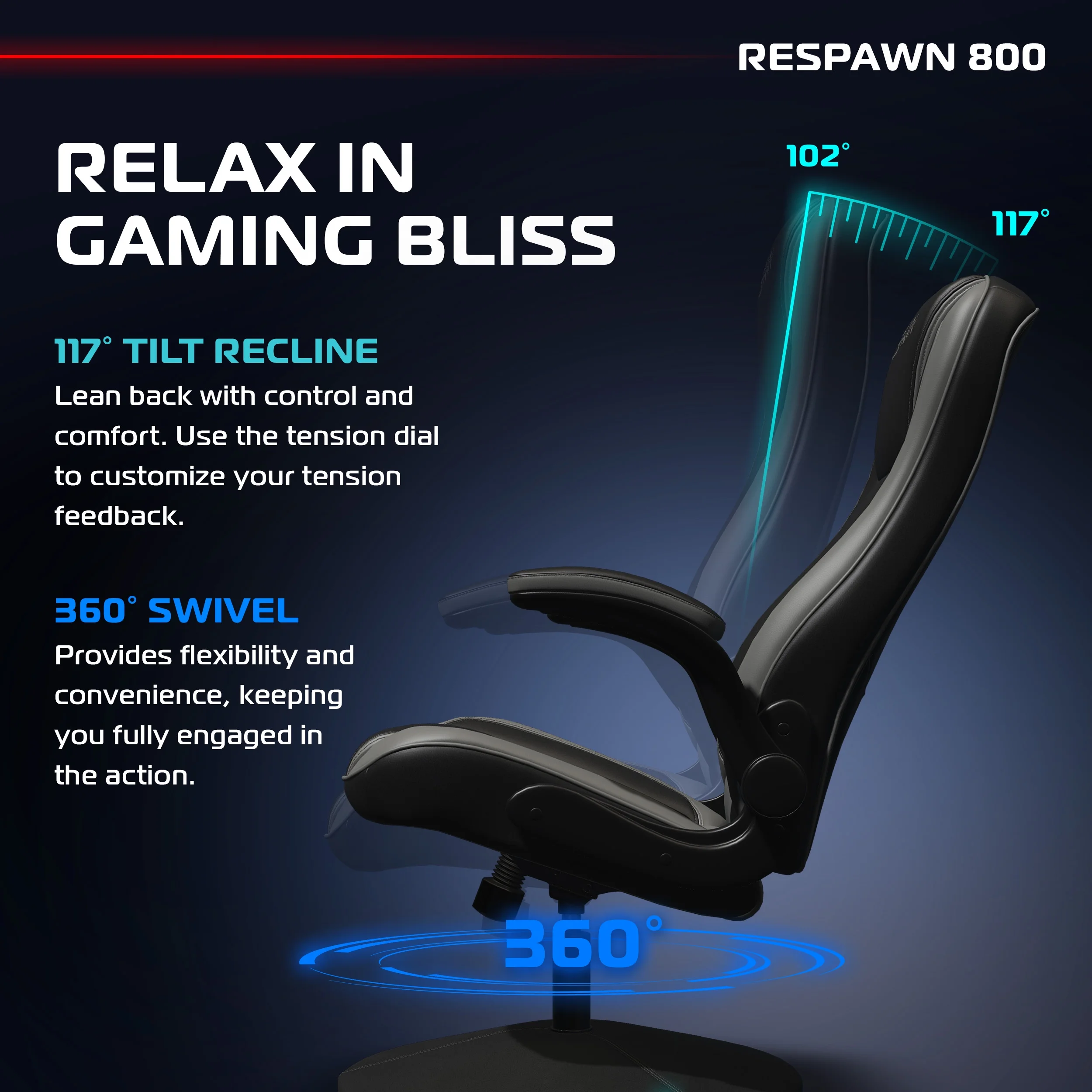 RESPAWN 800 Swivel Rocker Gaming Chair - Ergonomic Floor Gaming Seat with Lumbar Support, Flip Up Armrest, High Back, Pedestal Base, Comfortable No Wheels Console Video Game Rocker Chair - Red - Image 59