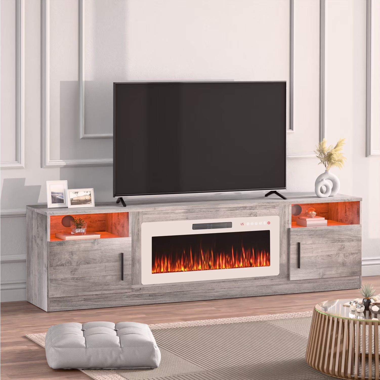 Waleaf Fireplace TV Stand with 36" Electric Fireplace Up to 80" TVs, Modern Wood Media TV Console with Highlight Cabinet, White - Image 3