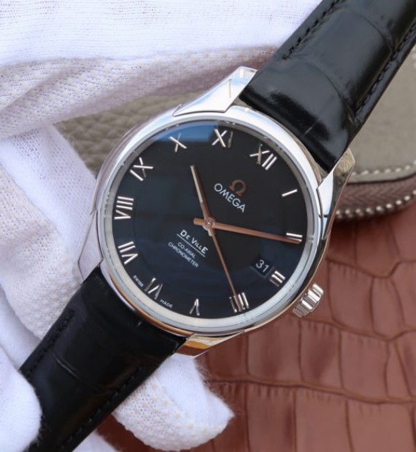 Replica Omega V6 De Ville 41mm SS Black Dial Black Leather Strap A8500 - Elite Watch Atelier