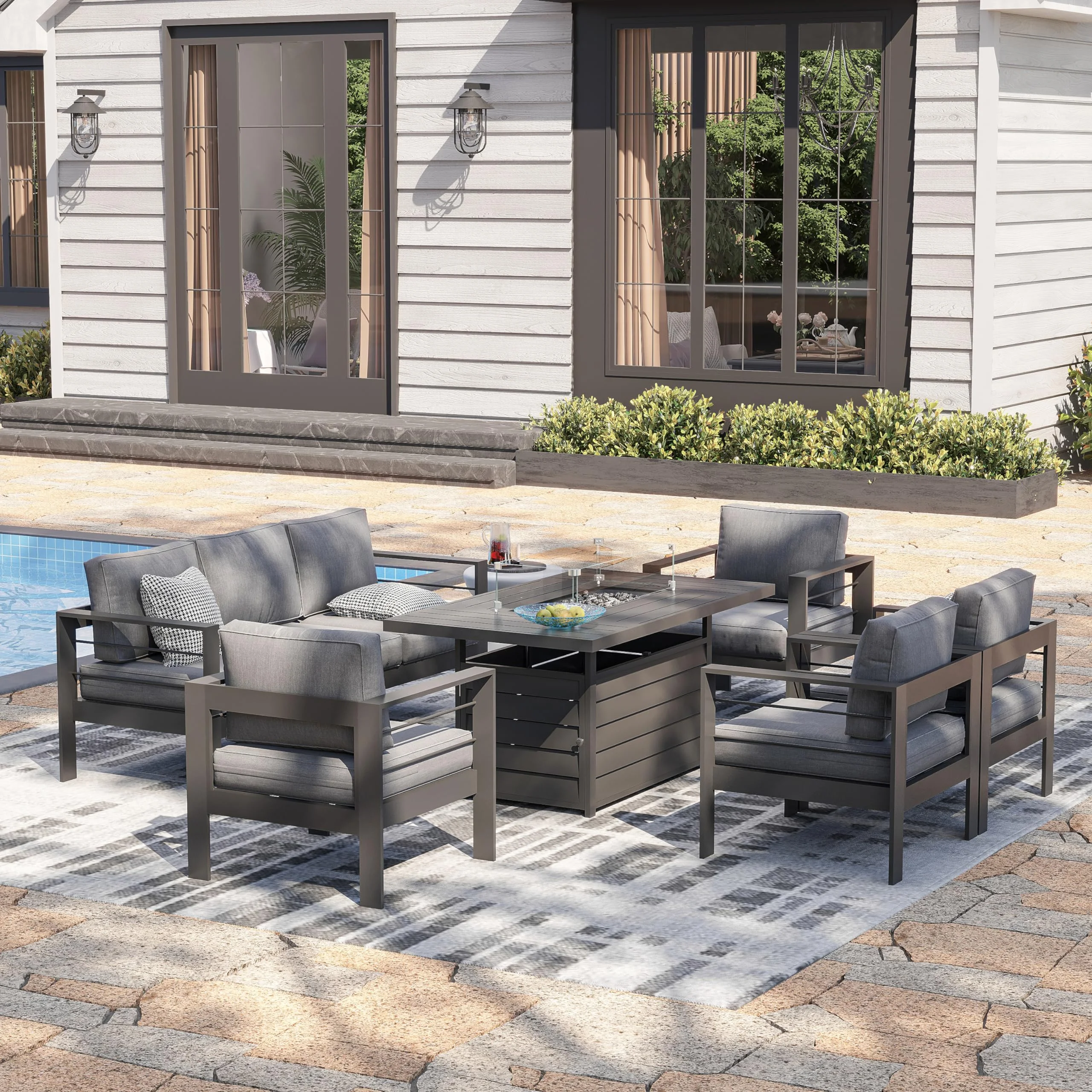 CozyHom 5 Pcs Outdoor Patio Aluminum Furniture Sofa Sets, Outside Patio Conversation Couch Sets With Table&Cushions for Garden Porch, Gray - Image 64