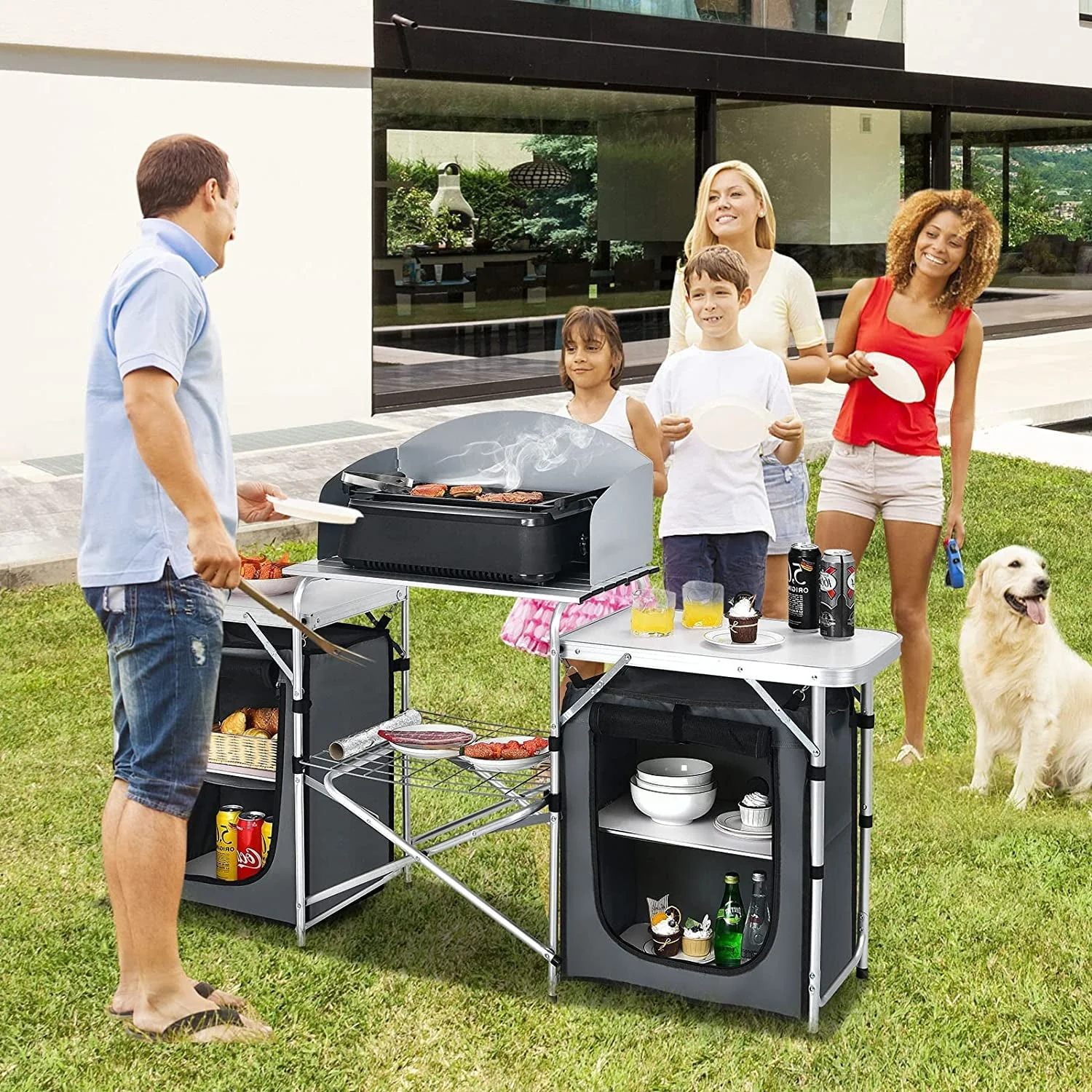 Camping Kitchen Table with Storage, Aluminum Portable Outdoor Cooking Table with Windscreen, Foldable Camp Table Cook Station for BBQ, Grill, Party, Picnics - Image 2