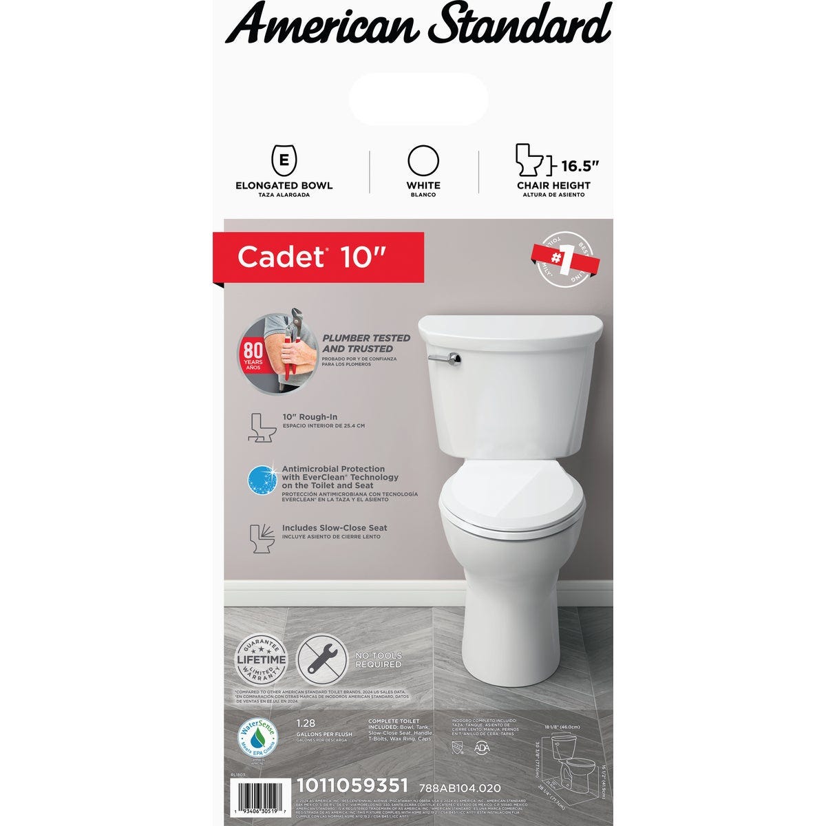 American Standard Cadet 3 10 In. Rough-In White Chair Height Elongated Bowl 1.28 GPF Toilet