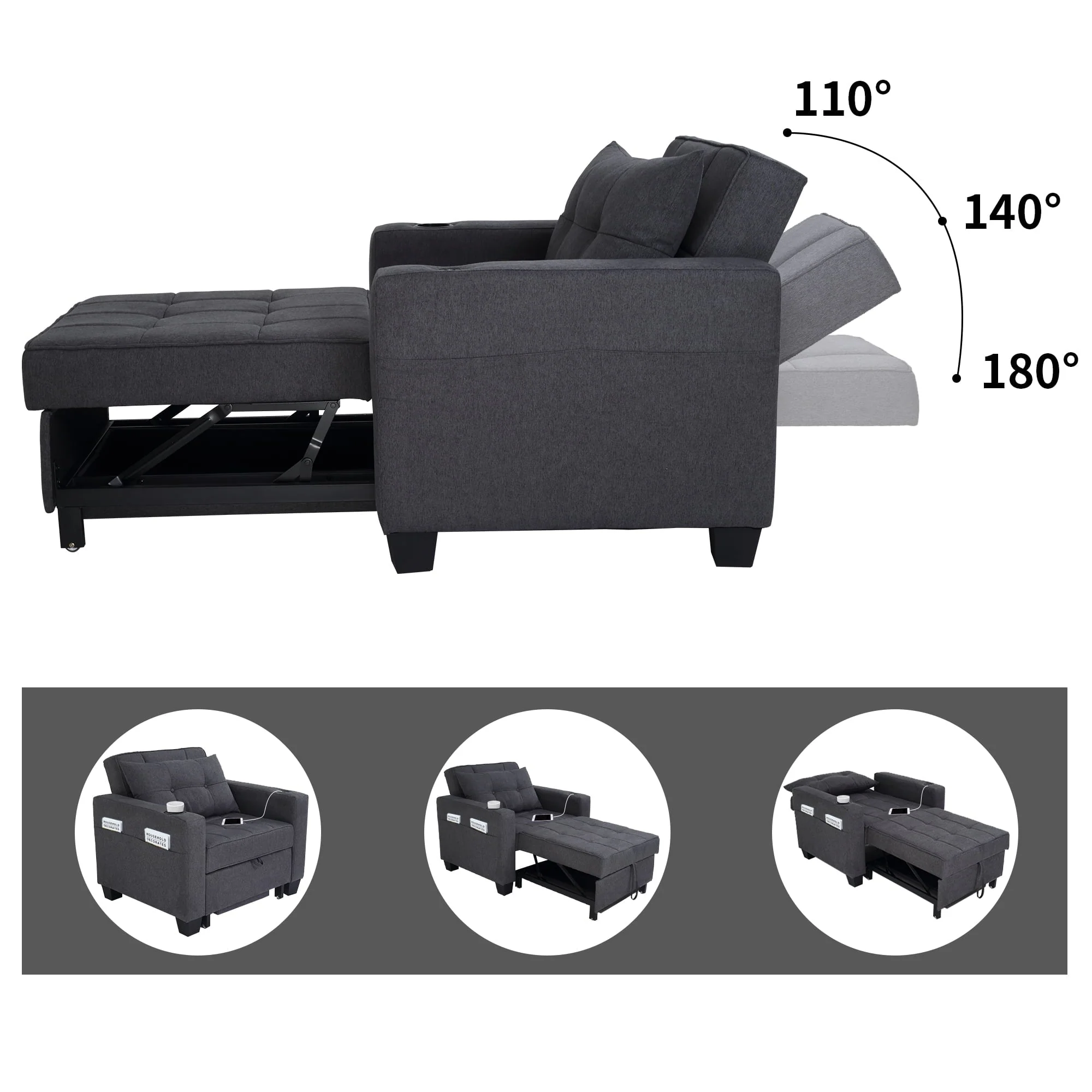 DURASPACE 3 in 1 Convertible Sleeper Chair Bed with Usb Port, Linen Pull Out Chair Indoor, Dark Gray - Image 5
