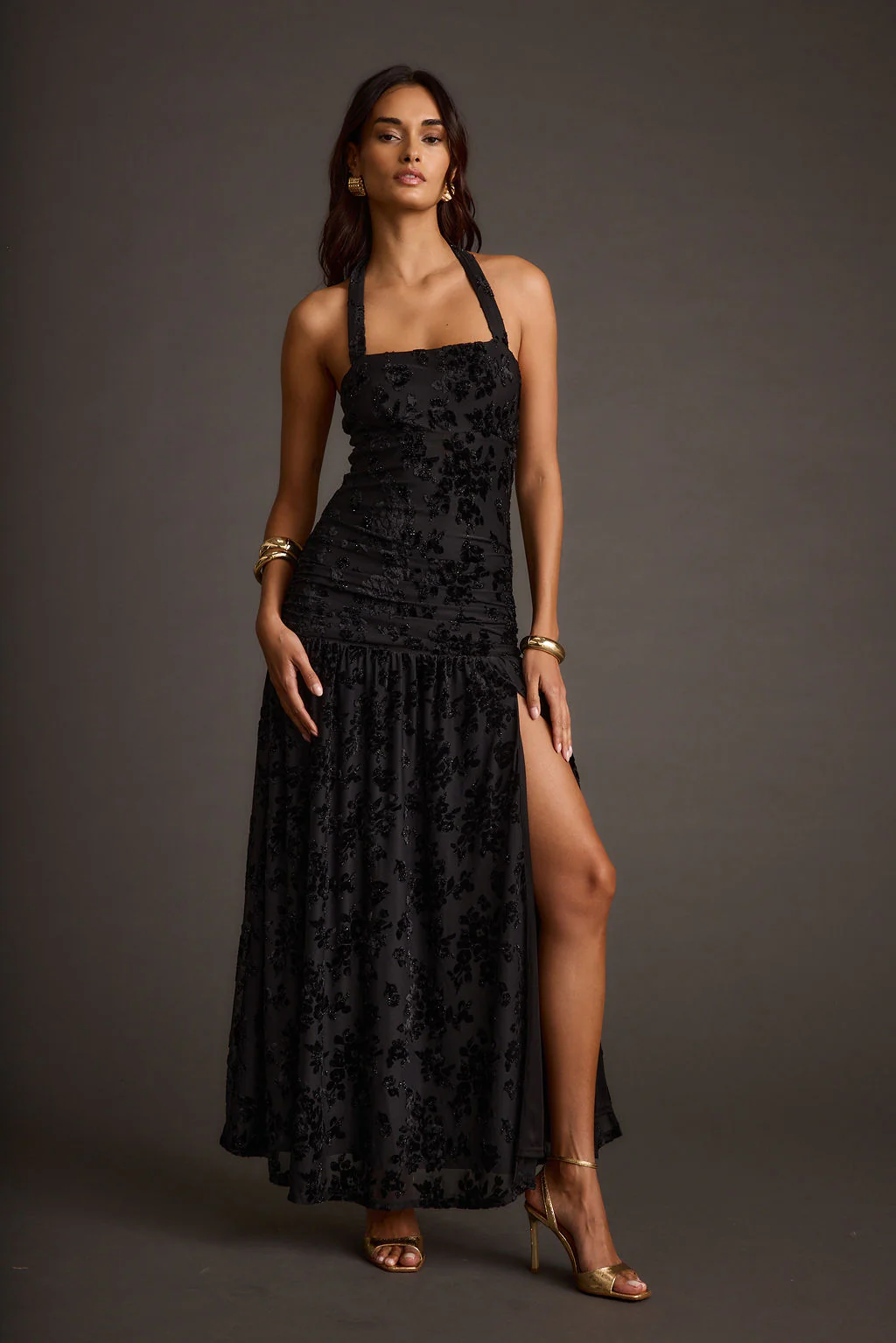 Hollow Black Burnout Halter Maxi Dress