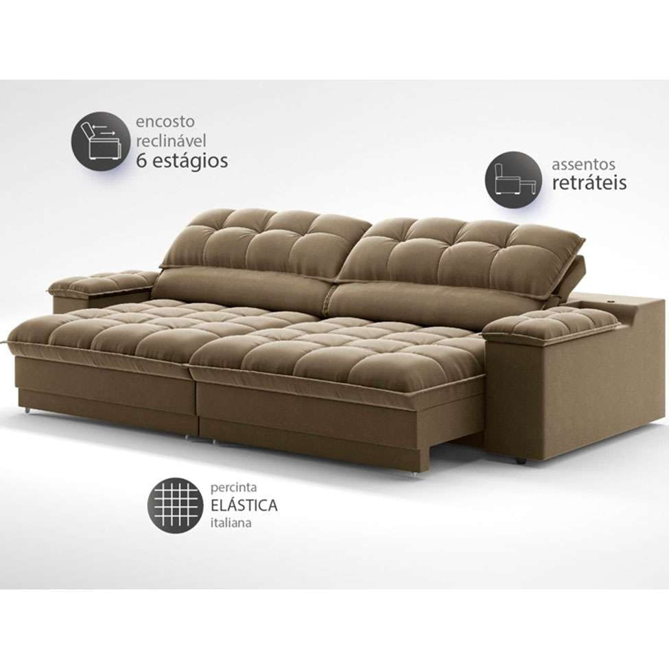 Sofá 3 Lugares Retrátil e Reclinável Helen com USB e Porta-Copos Veludo Castor 210 cm em Promoção | Ofertas na Americanas