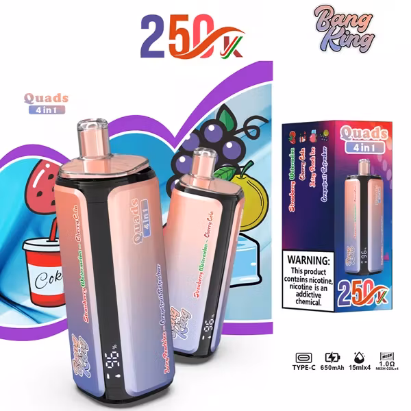 VAPSOLO BANG KING 250 000 puffów Quads 4in1 – urządzenie i pudełko z ostrzeżeniem nikotynowym