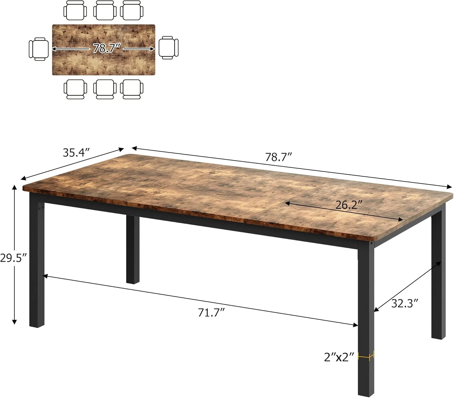 78.7in Industrial Dining Table for 8, Wooden Long Dinner Table with Mortise Tenon Design, Kitchen Table with Sturdy Metal Legs, for Dining Room Home Office Living Room, Retro Brown