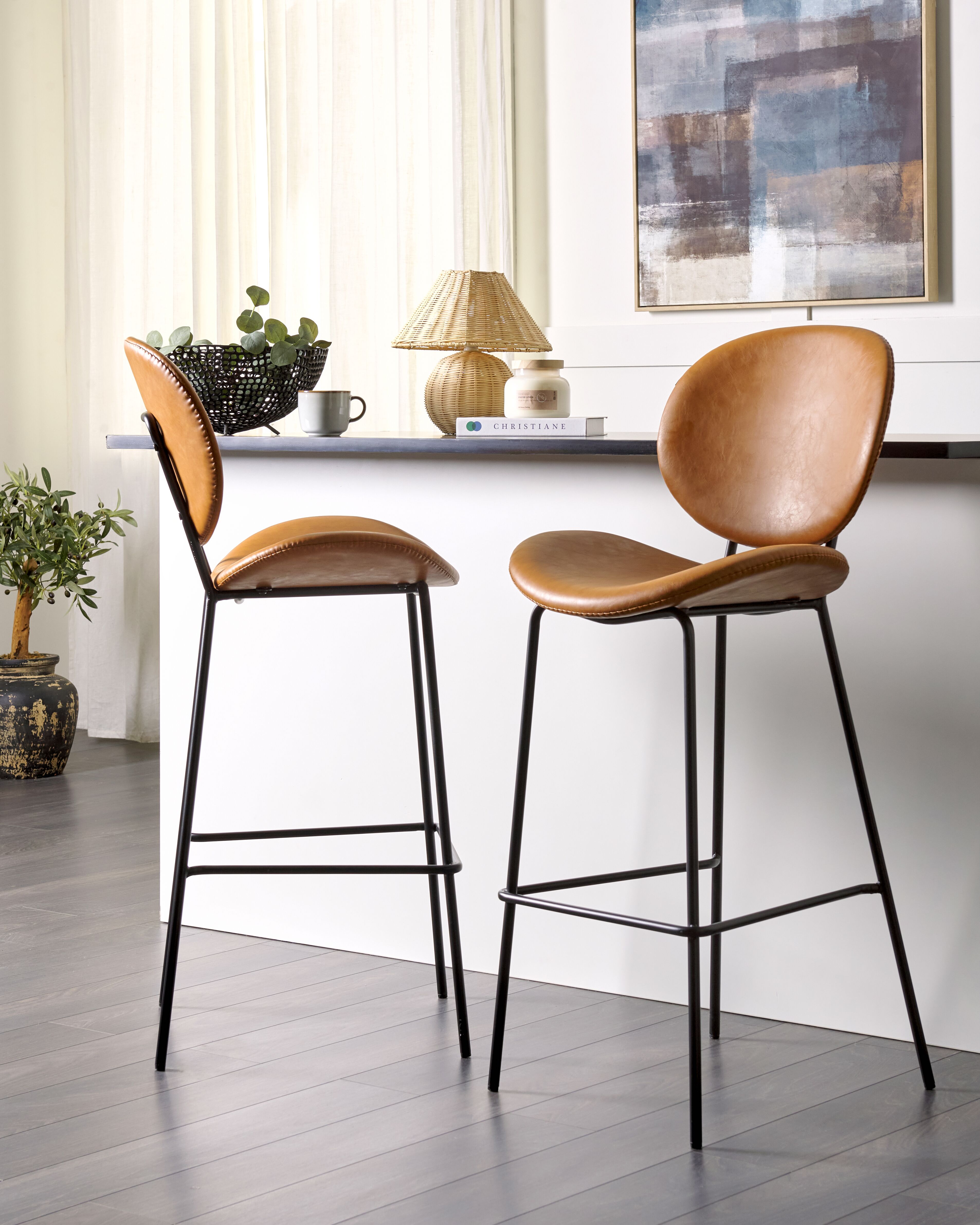 Set of 2 Bar Chairs LUANA Faux Leather Golden Brown