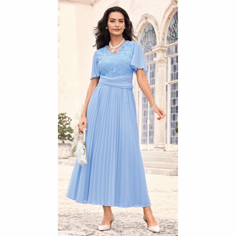 Lace-Bodice Flowy Pleated Maxi Dress with V-Neck and Flutter Sleeves - MIDNIGHT VELVET CATALOG