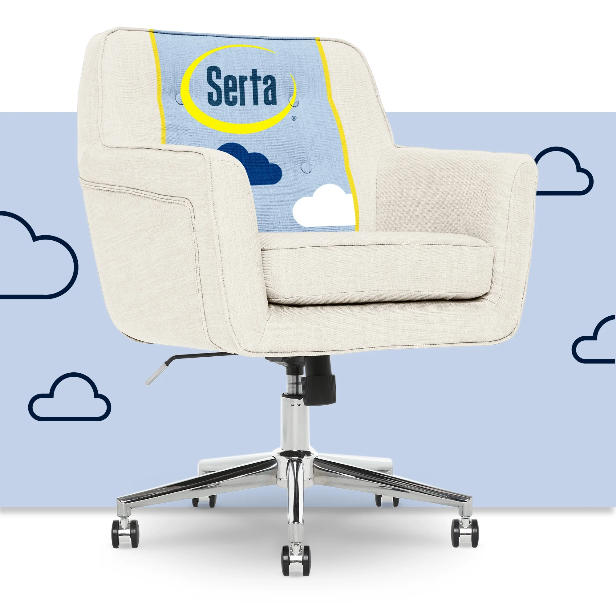 Serta Ashland Office Desk Chair, Button Tufted Mid-Back, Memory Foam Cushion, Chrome Swivel Base, Ivory