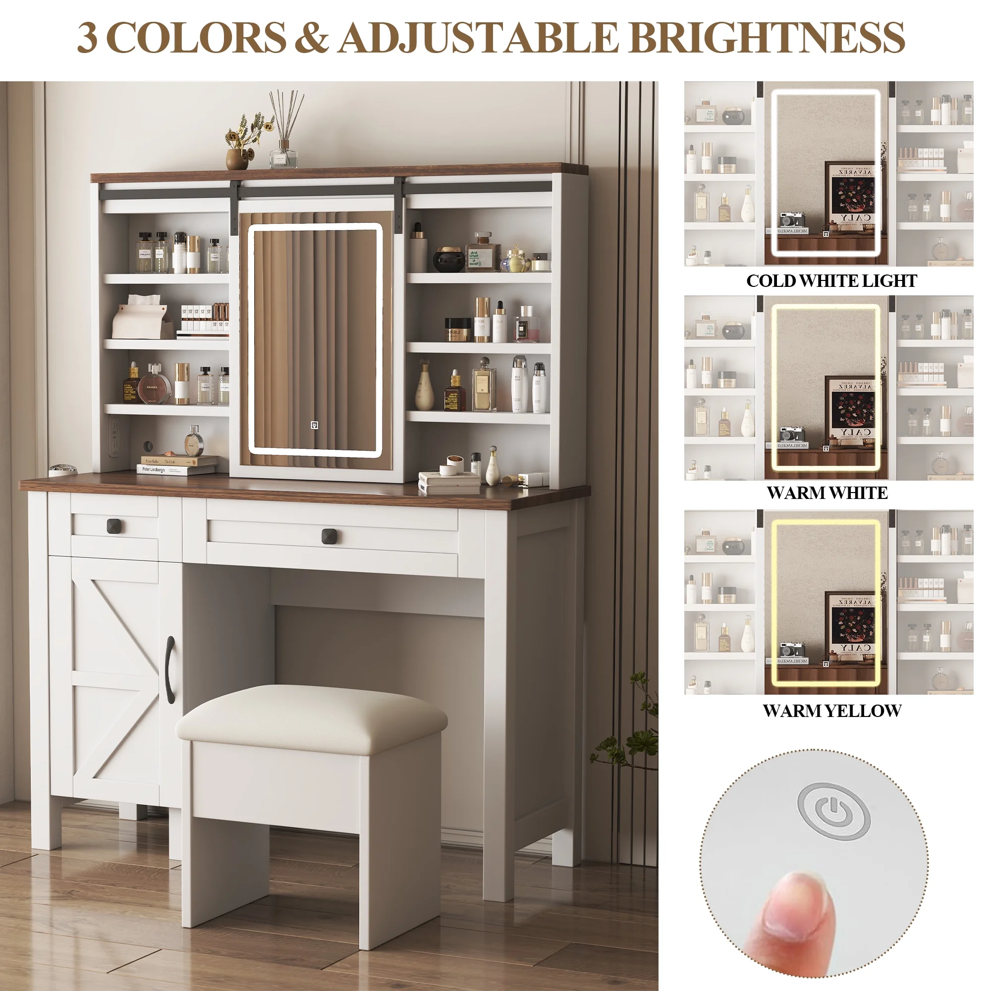 Montary Modern Mini Vanity w/Adjustable LED Mirror + Hidden Storage, Padded Stool & Dustproof Shelves (White) - Image 84