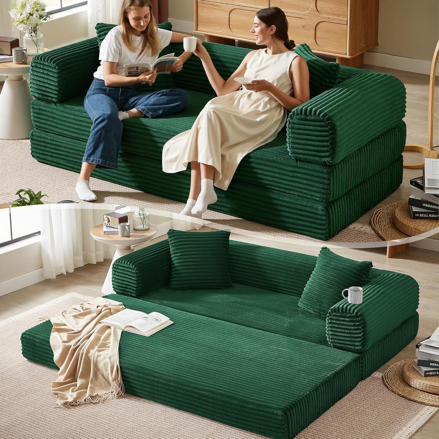 Boneless Couch Versatile Couches for Living Room No-Install Sofa Bed Corduroy Futon Soft Cloud Couch with Pillows for Bedroom Game Movie (Green, 76