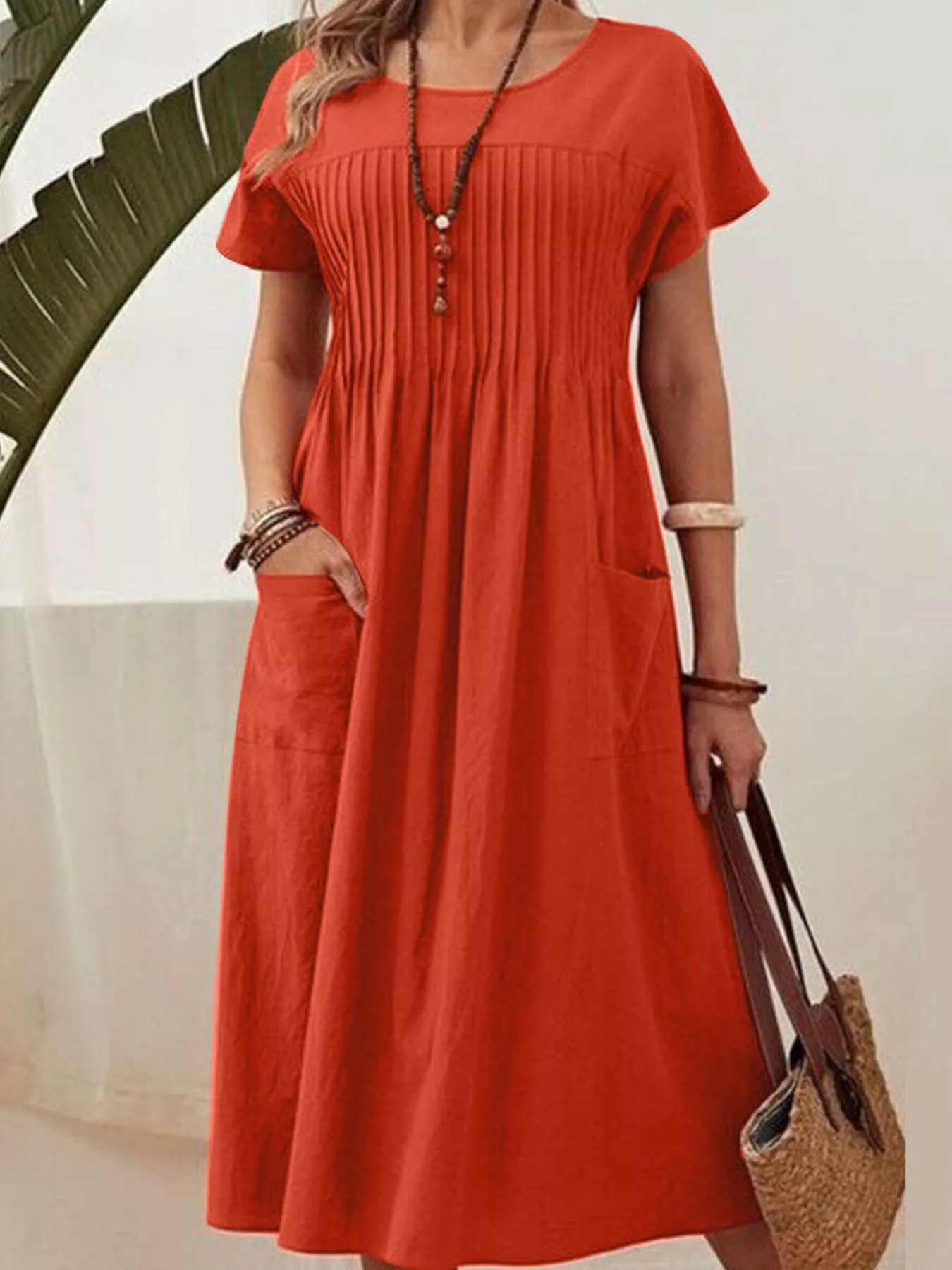 Full Size Round Neck Short Sleeve Midi Dress Plus Size - ZKZOOK