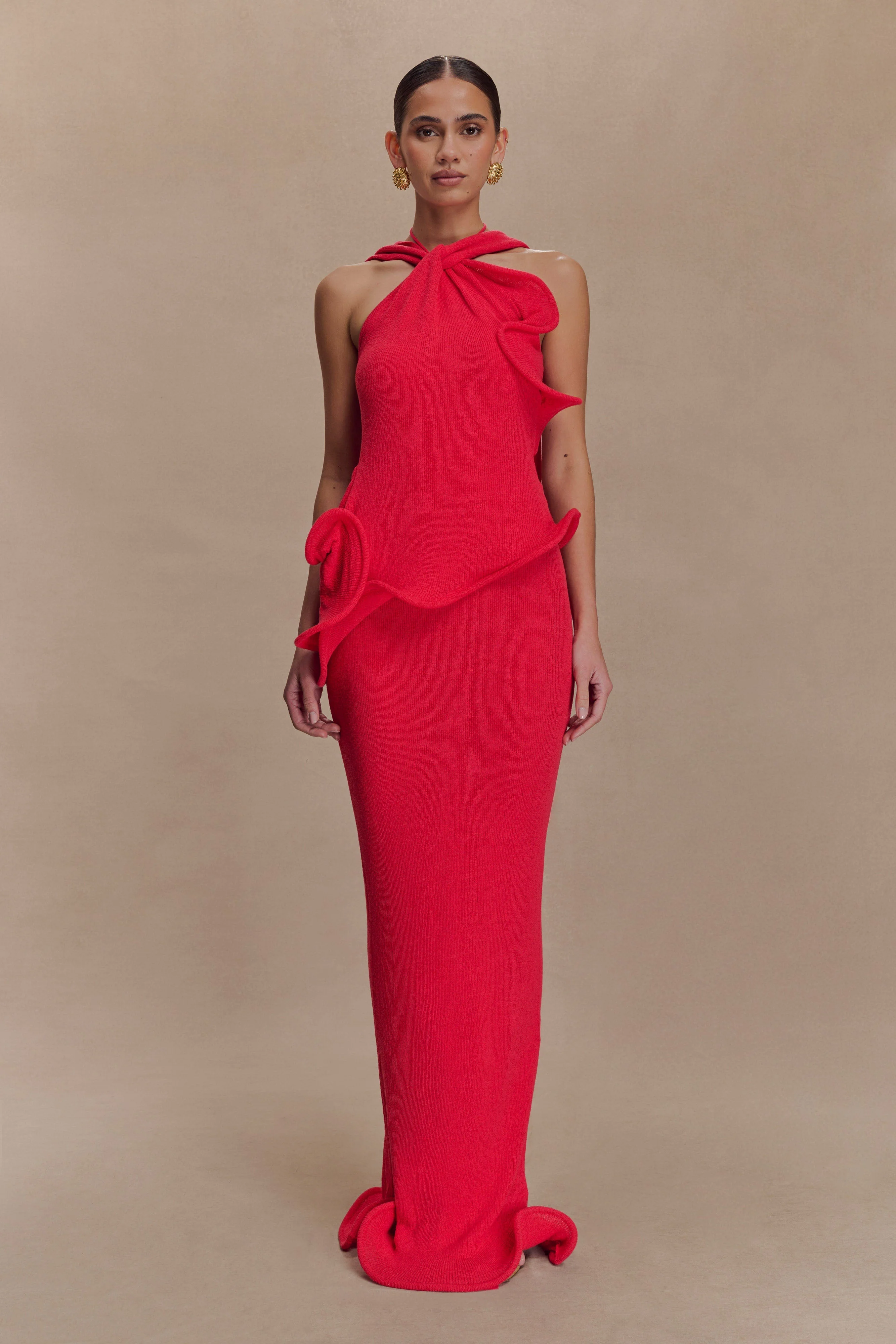 Caprice Halter Knit Maxi Dress - Red