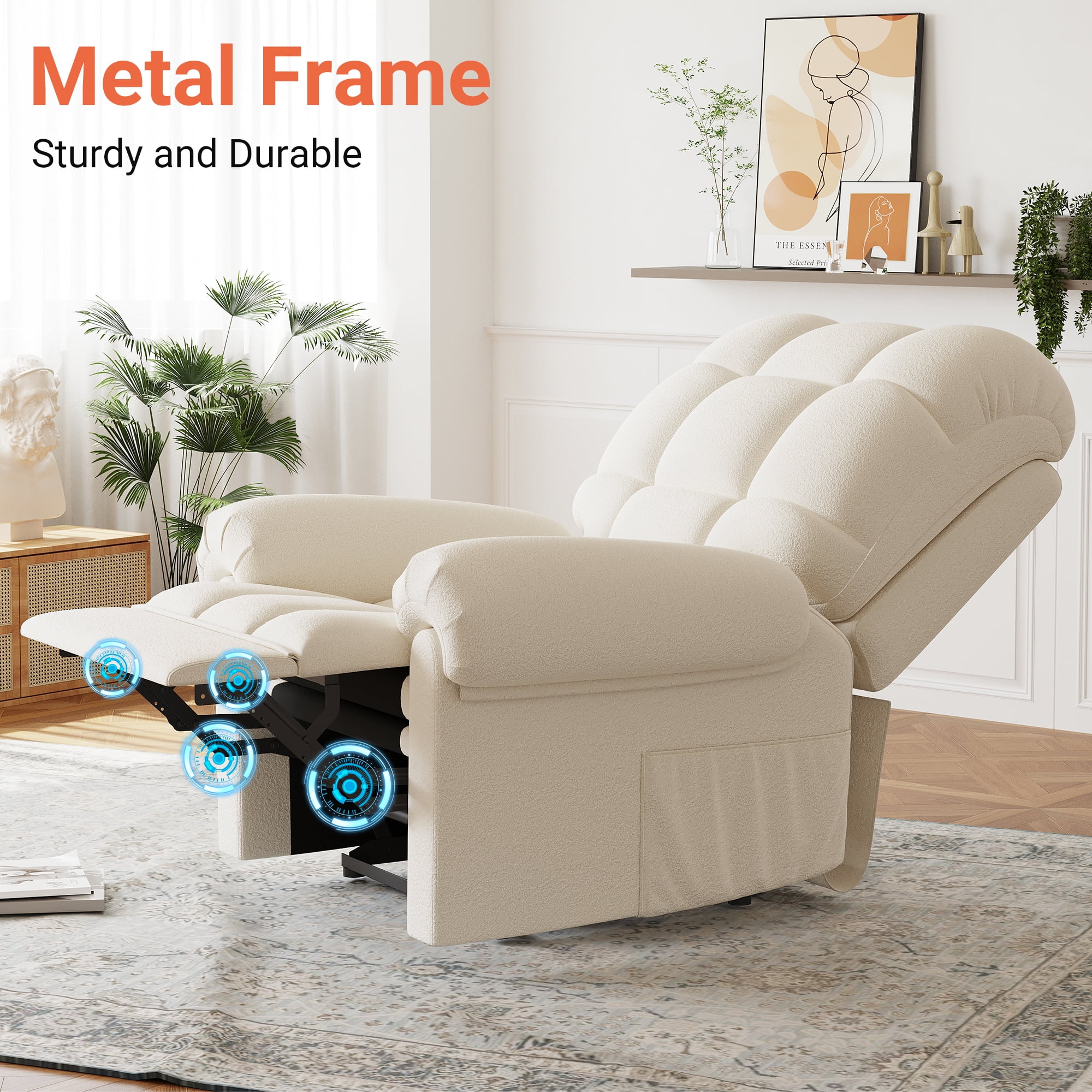 Power Recliner Chair,Electric Recline Sofa Chair for Adults with USB Port,Comfy Teddy Fleece Adjustable Cloud Sofa,Tool-Free Setup,Beige White - Image 7