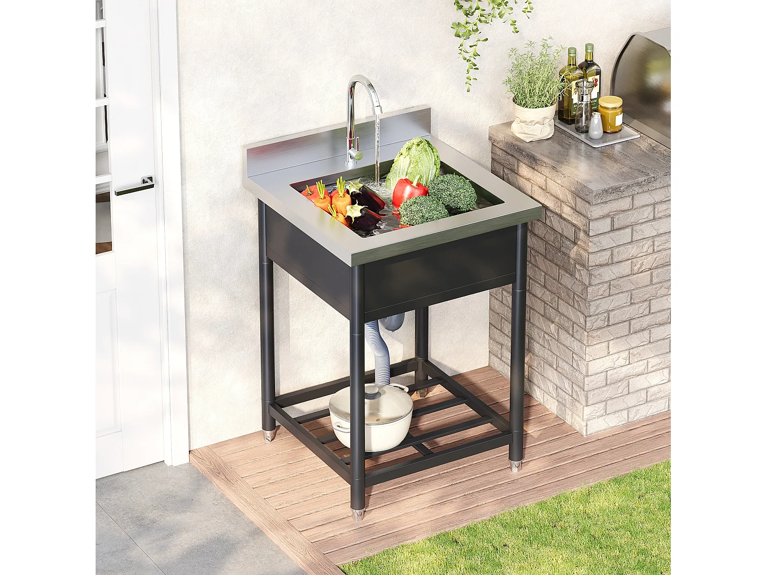 Évier extérieur sur pied en acier inoxydable 60x60cm - avec robinet et bonde - avec étagère - design spacieux à une cuve - noir et argent