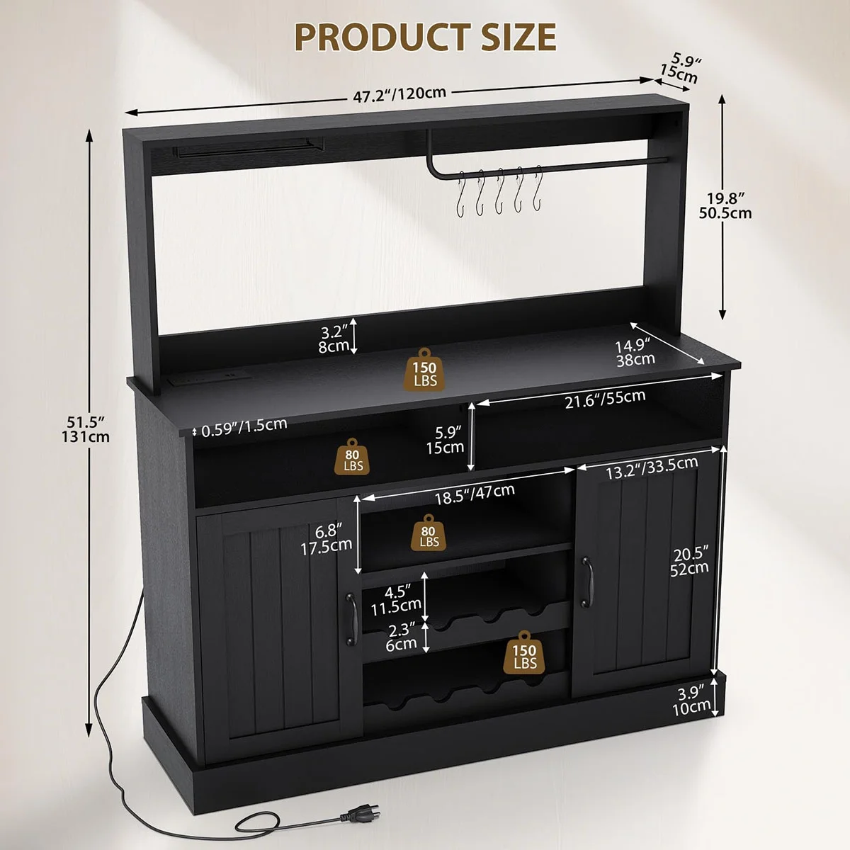 Ataucjin Farmhouse Coffee Bar Cabinet with Wine Rack,47''Coffee Bar Station with Power Outlet & Goblet Holder,Hutch Storage Cabinet with Glass Racks & 5 Hooks Sideboard Cabinets for Dining Living Room
