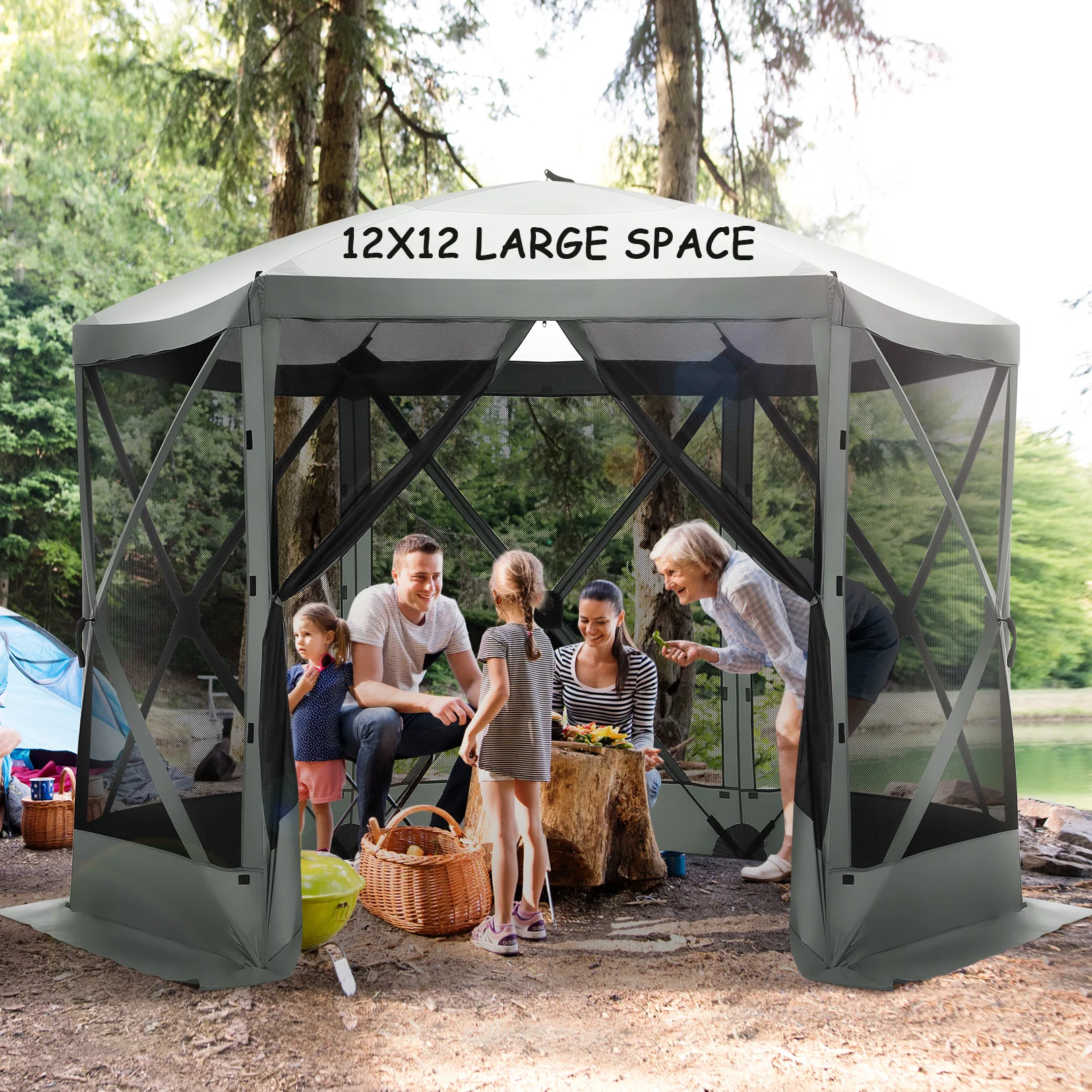 COBIZI 12'x12' Pop-up Gazebo Outdoor Camping Tent with 6 Sides Mosquito Netting, Waterproof, UV Resistant, Portable Screen House Room, Easy Set-up Party Tent with Carry bag, Ground Spike, Brown - Image 32