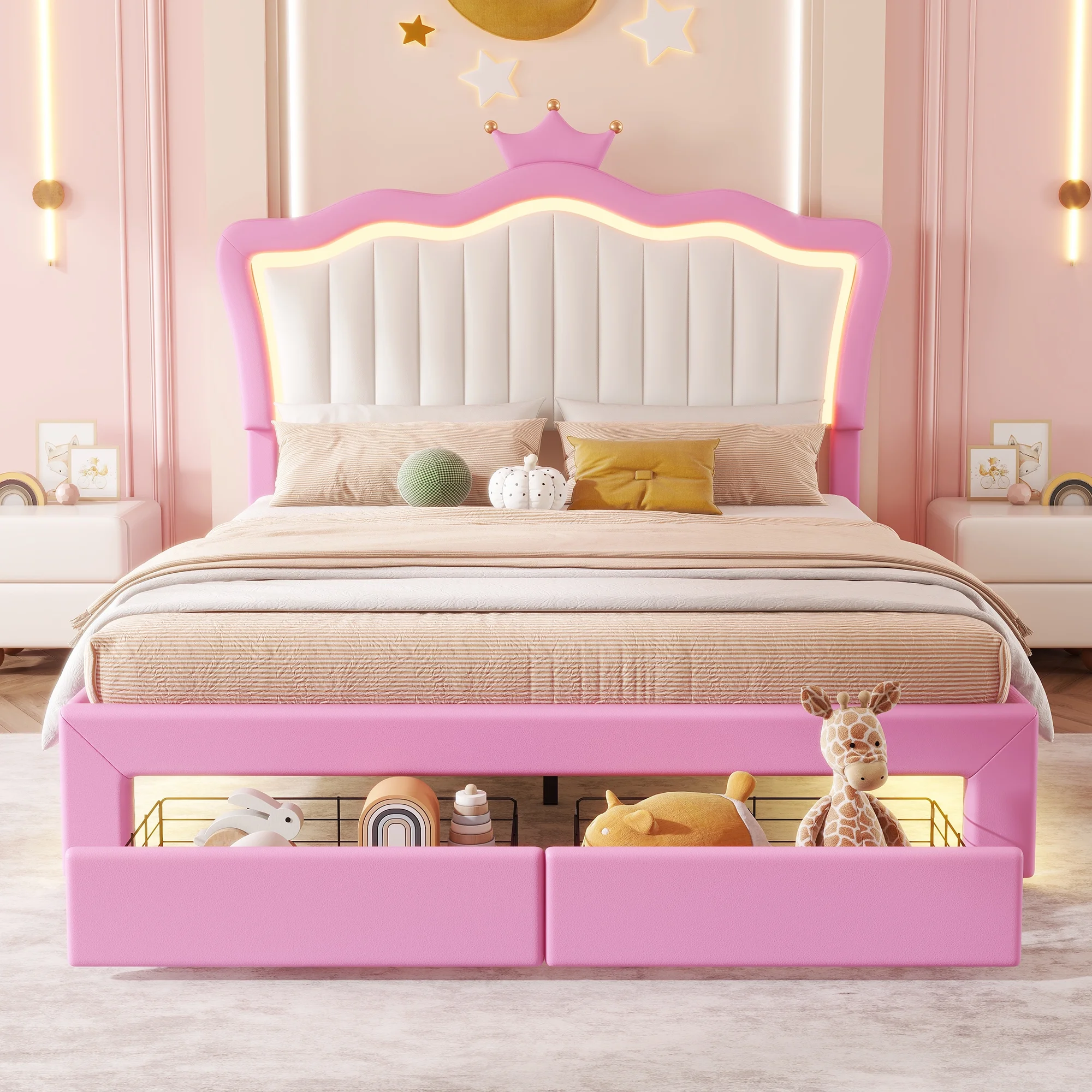 Miniyam Upholstered Twin Size Bed with LED Lights, Crown Headboard for Kids, Pink - Image 9