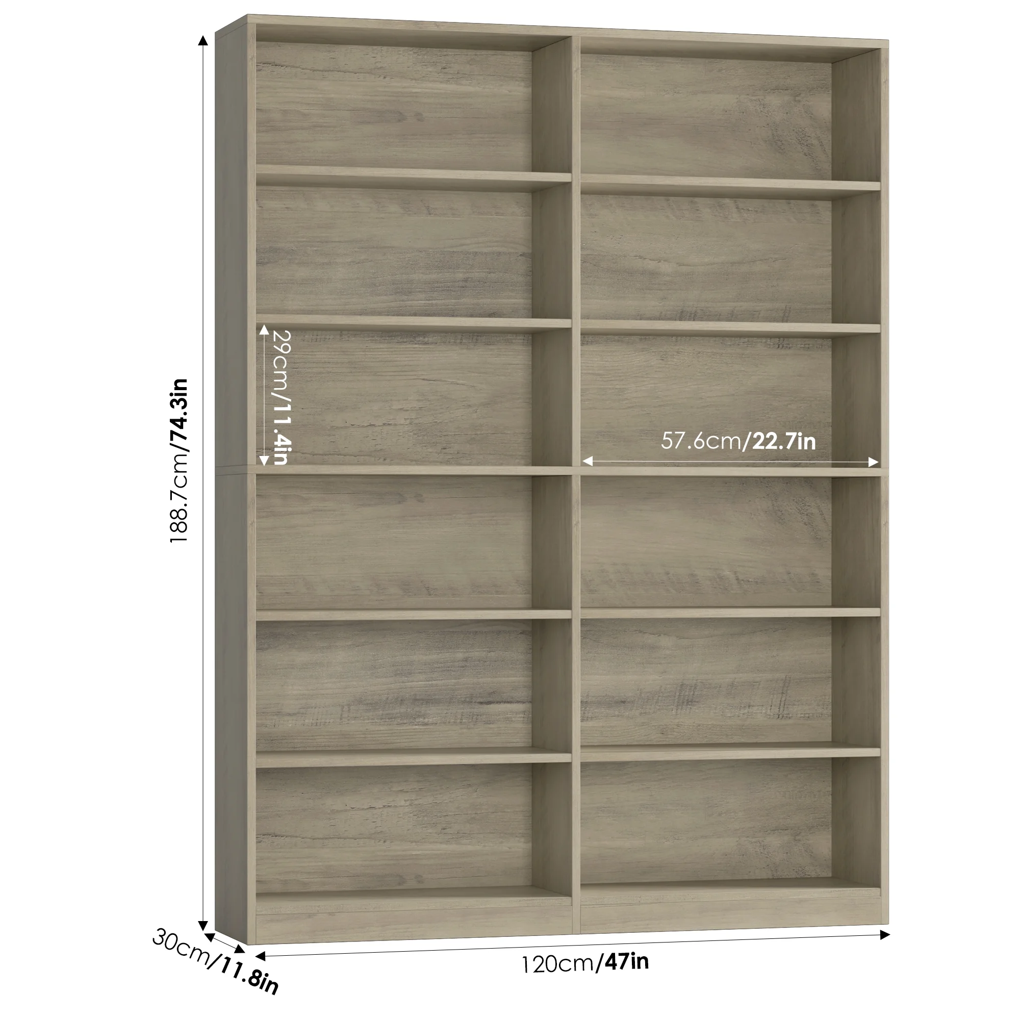 Homfa 74.3�� Double Wide 6-Tier Bookcase, Extra Large Wooden Freestanding Display Bookshelf for Home Office Living Room, White - Image 42