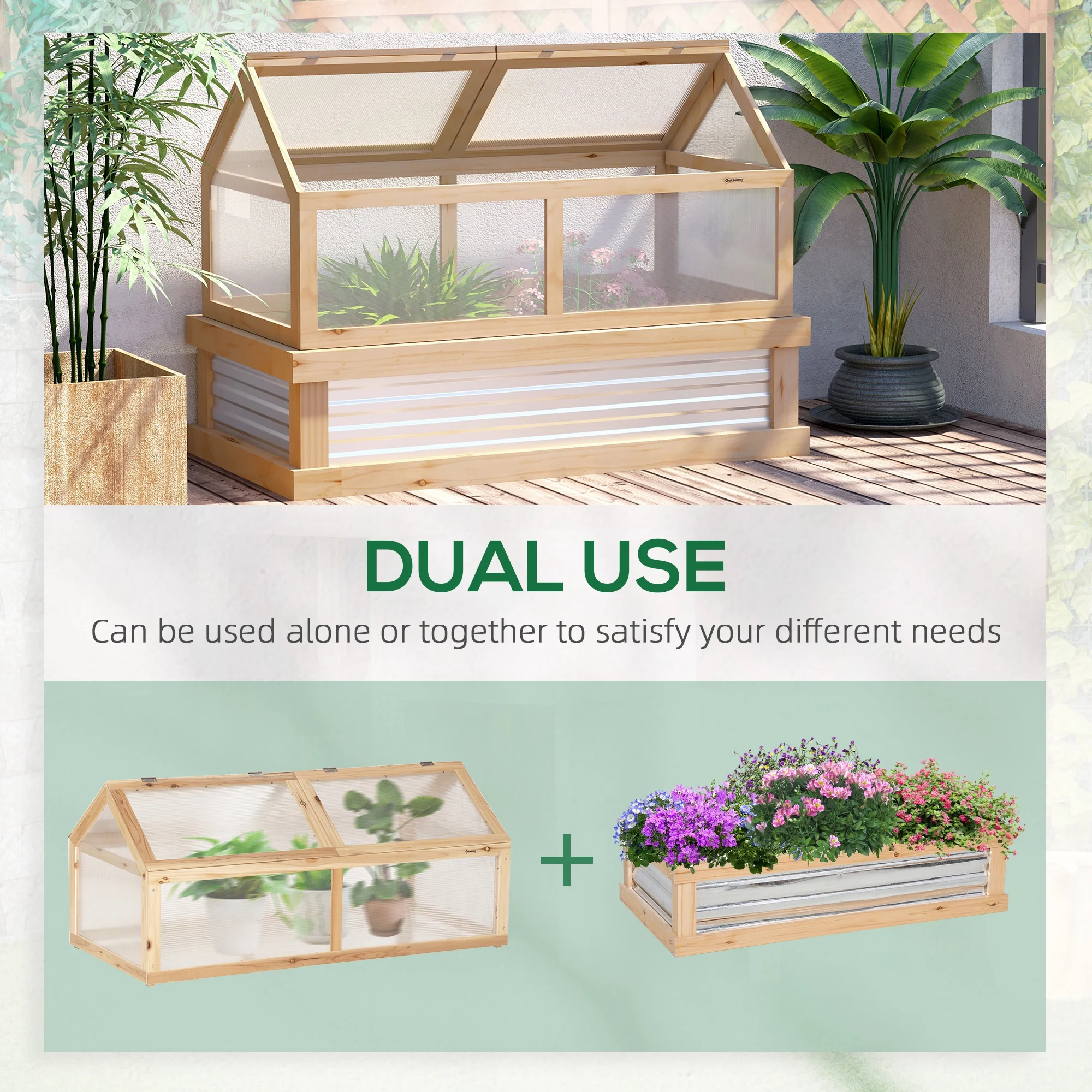 Outsunny Raised Garden Bed with Polycarbonate Greenhouse, Wooden Garden Cold Frame Greenhouse, Flower Planter Protection, 48" x 24" x 32", Natural - Image 5