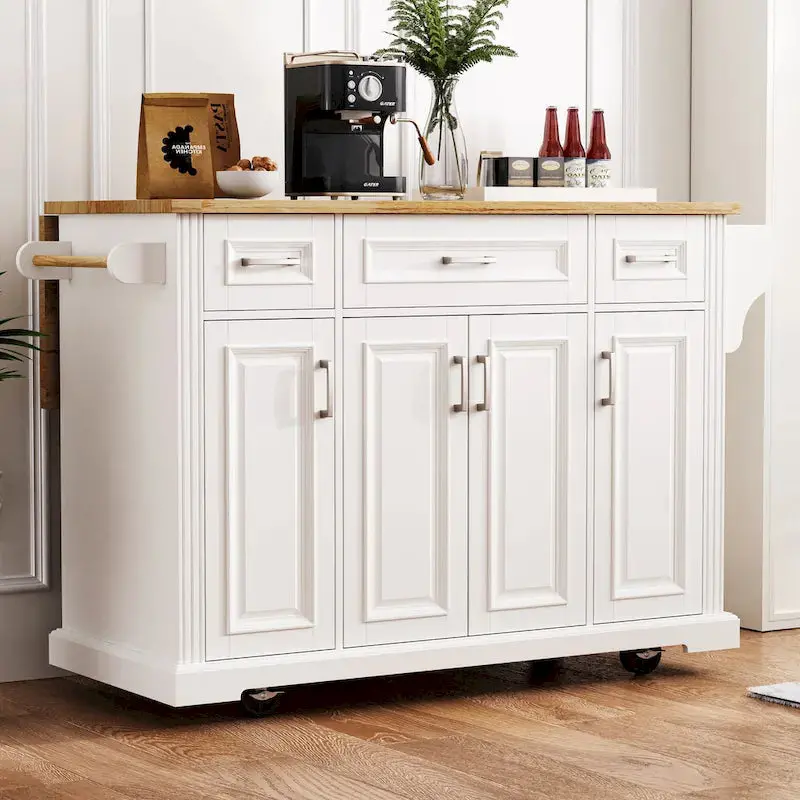 White Rolling Kitchen Island Cart With Drop-Leaf Wood Top, Embossed Finish, Doors And Drawers