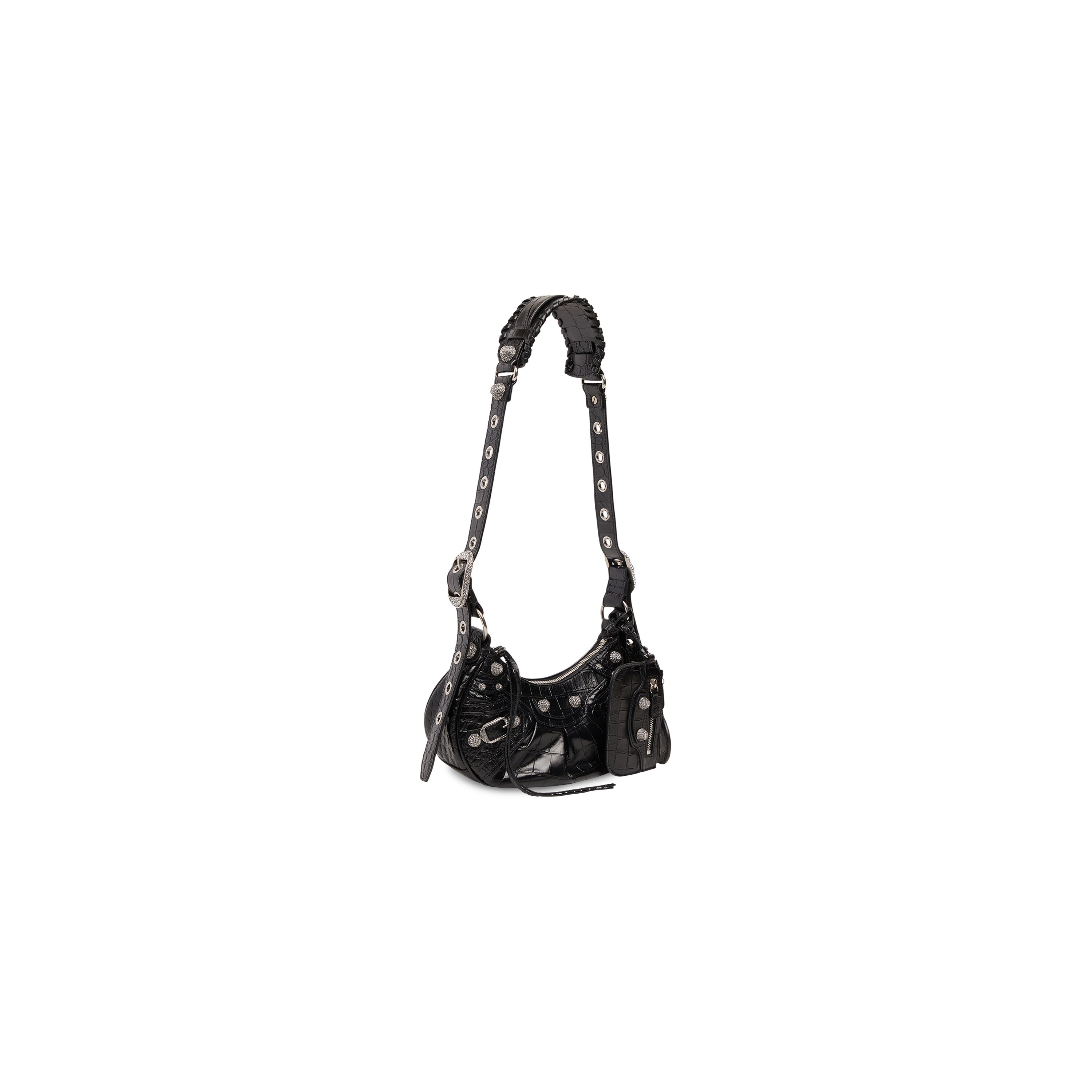 WOMEN'S LE CAGOLE XS SHOULDER BAG CROCODILE EMBOSSED WITH RHINESTONES IN BLACK - Replicaclubs