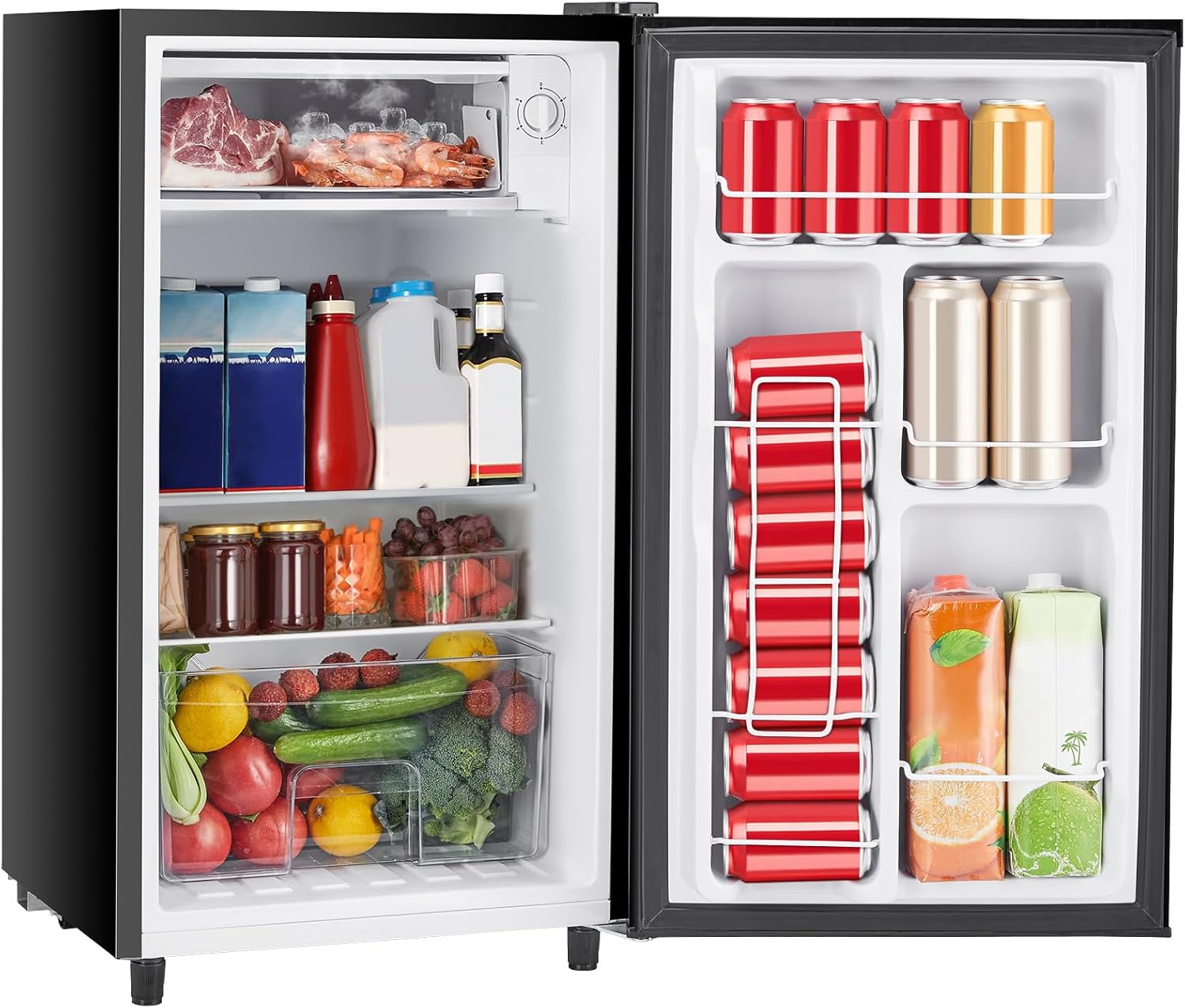 Sweetcrispy 3.2 Cu.Ft Mini Fridge with Freezer, 2 Door Small Refrigerator with Adjustable Thermostat Energy-efficient Low Noise, Compact Fridge for Bedroom, Office, Dorm, Black