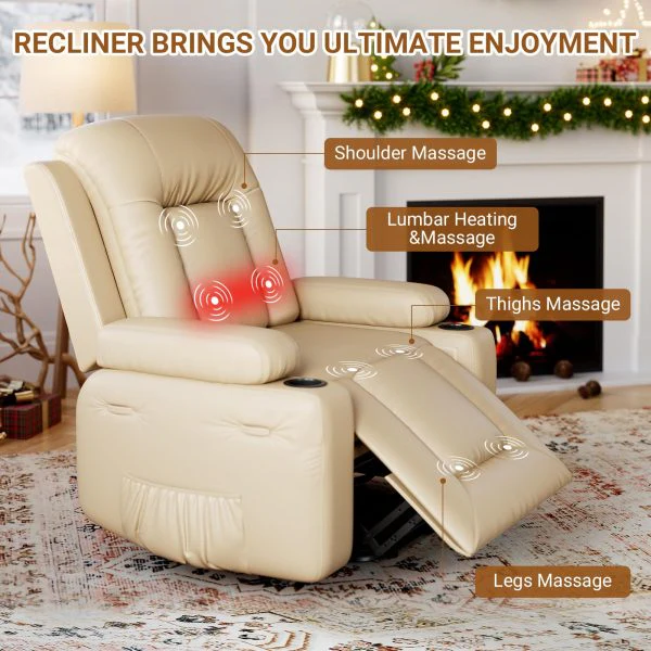 PU Leather Power Lift Recliner Chair With Massage and Heat, Adjustable Furniture for Back, Legs w/ 3 Positions, Usb Port, Side Pocket (Beige, 27 Seat Width+Cup Holders) - Image 2
