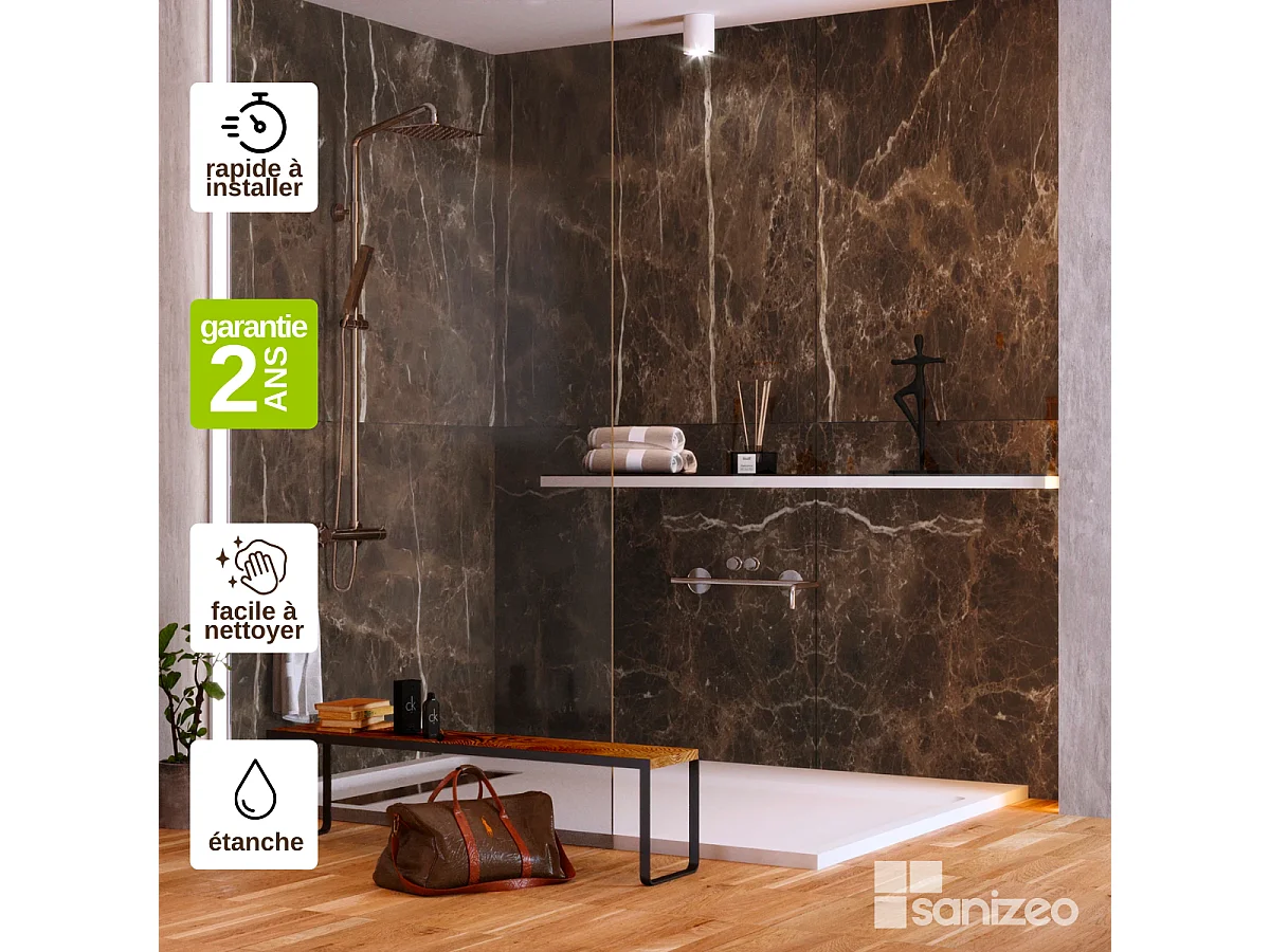 Kit 2 Panneaux Muraux Décoratifs de Douche - 120x120 cm  - Ép. 4mm - Effet Marbre Marron - EMPÉRADOR KOBERTIN