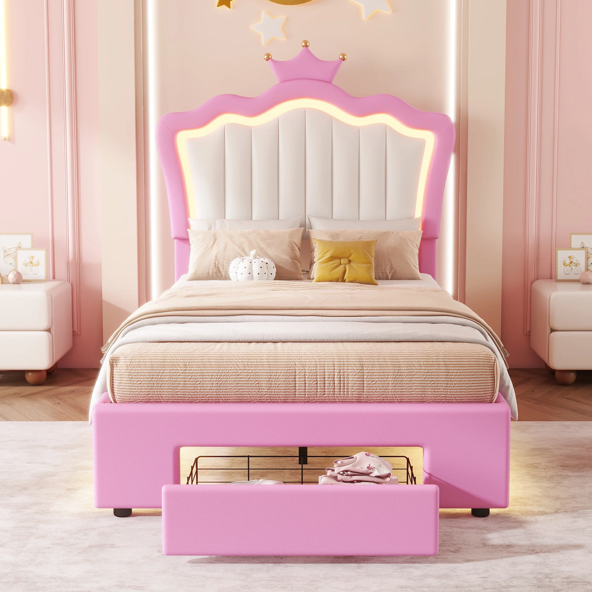 Miniyam Upholstered Twin Size Bed with LED Lights, Crown Headboard for Kids, Pink - Image 2