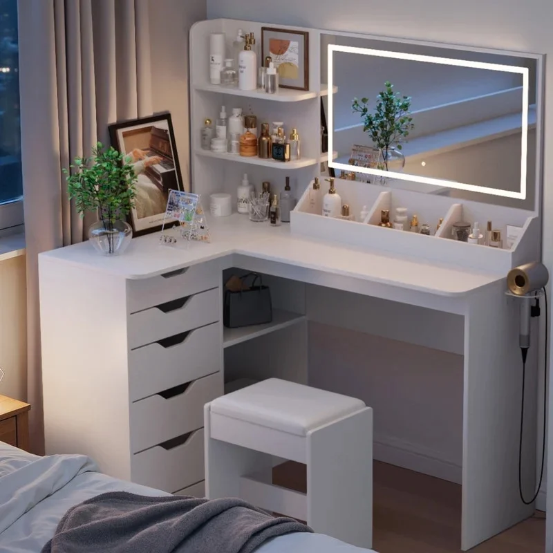 Furmax L Shaped Vanity Desk Set Corner Makeup Vanity Set with Adjustable LED Lighted Mirror & Power Outlets Dressing Table with Organizers, and Cushioned Stool, White - Image 2