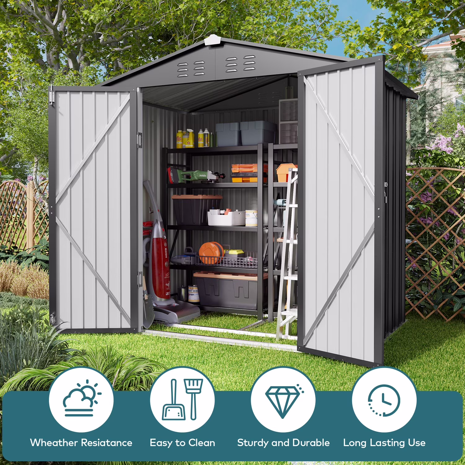 5'x3' Outdoor Storage Shed, Lofka Metal Storage Tool Shed with Single Lockable Door, for Bike| Garden Tools| Patio, Grey - Image 7