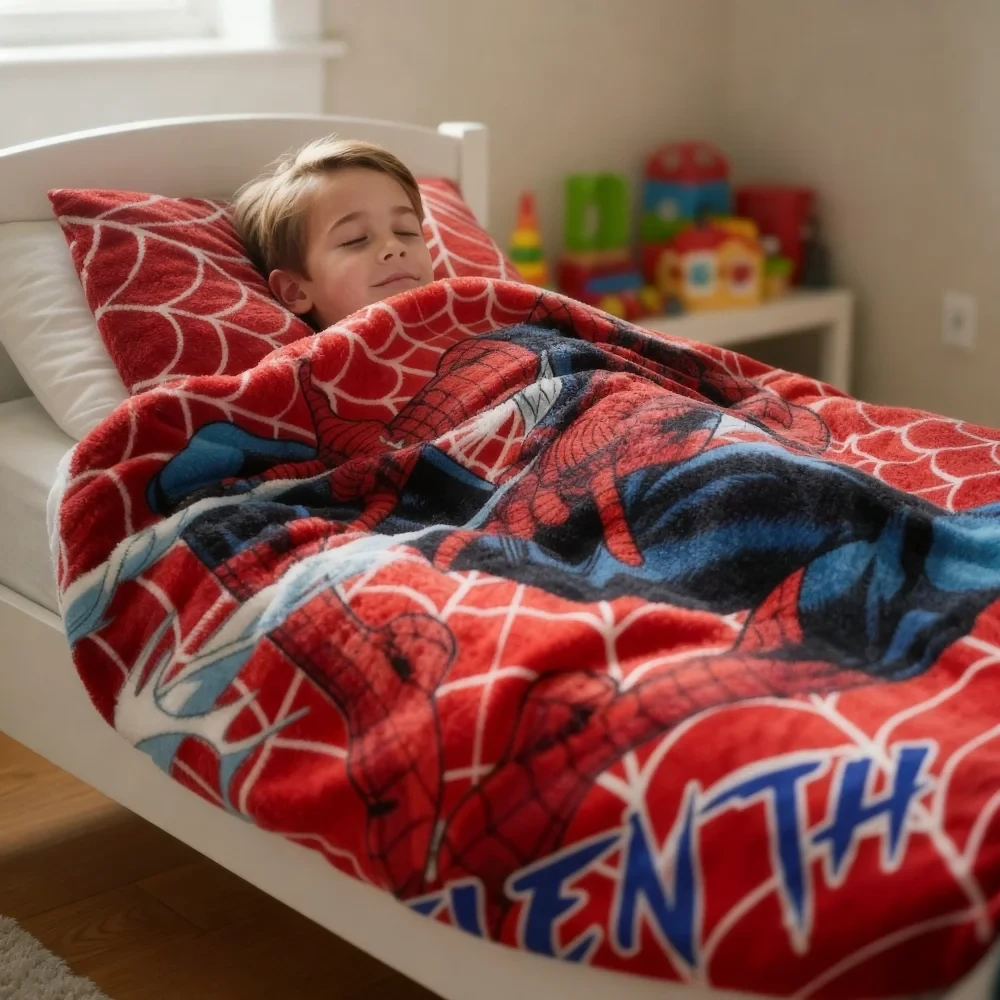 Child sleeping comfortably under a personalized custom face Spider-Man fleece blanket