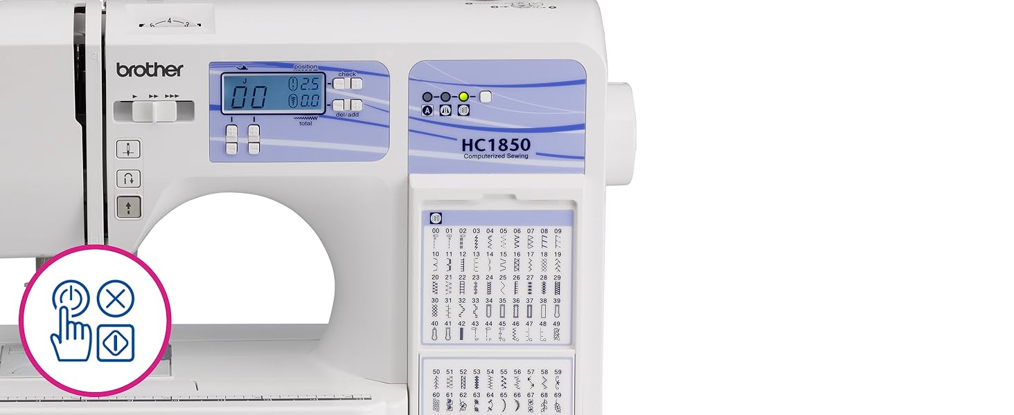 Gros plan de la face avant de la machine à coudre HC1850 avec l'icône représentant le bouton d'alimentation