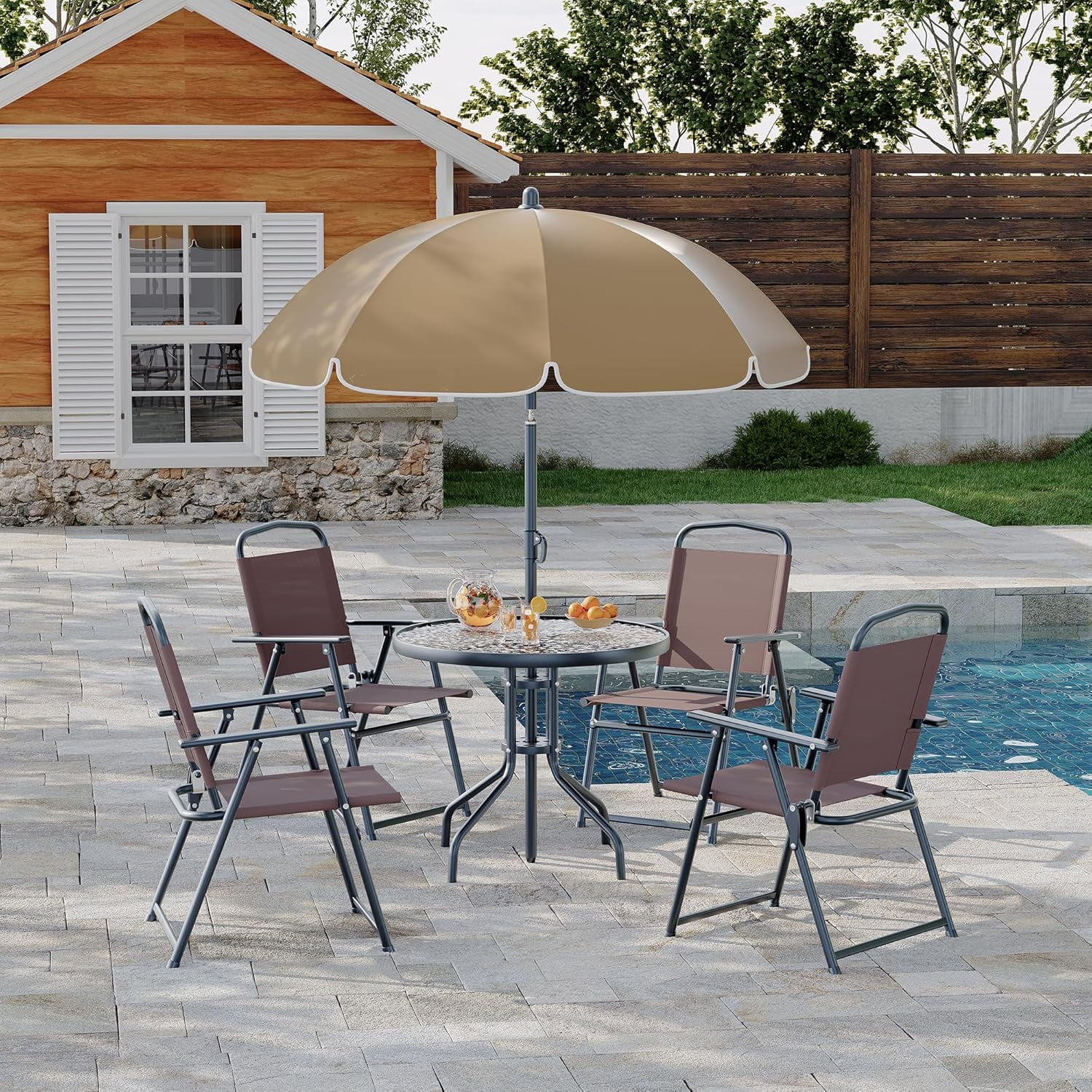 6 Pieces Outdoor Dining Set With Umbrella, Patio Table and 4 Folding Chairs With Umbrella, Garden Patio Furniture Set With Umbrellas, Tempered Glass Top Dining Table - Image 18