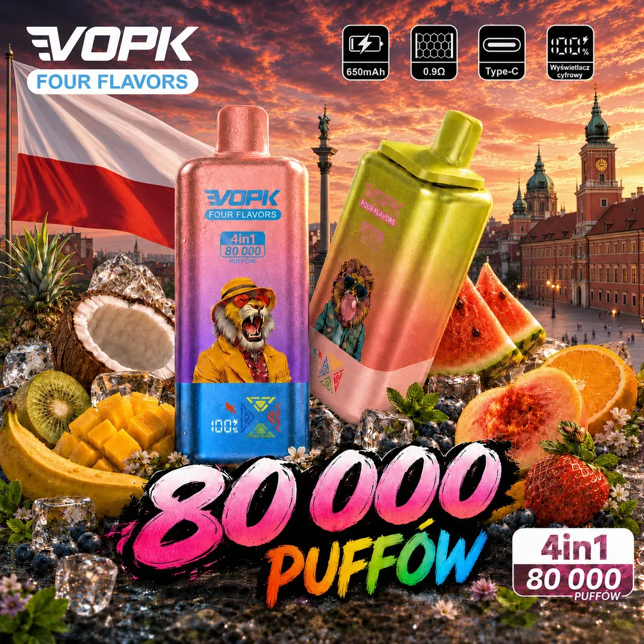 VOPK 80 000 puffów 4in1 – 650 mAh, 0,9 Ω, Type-C, wyświetlacz cyfrowy