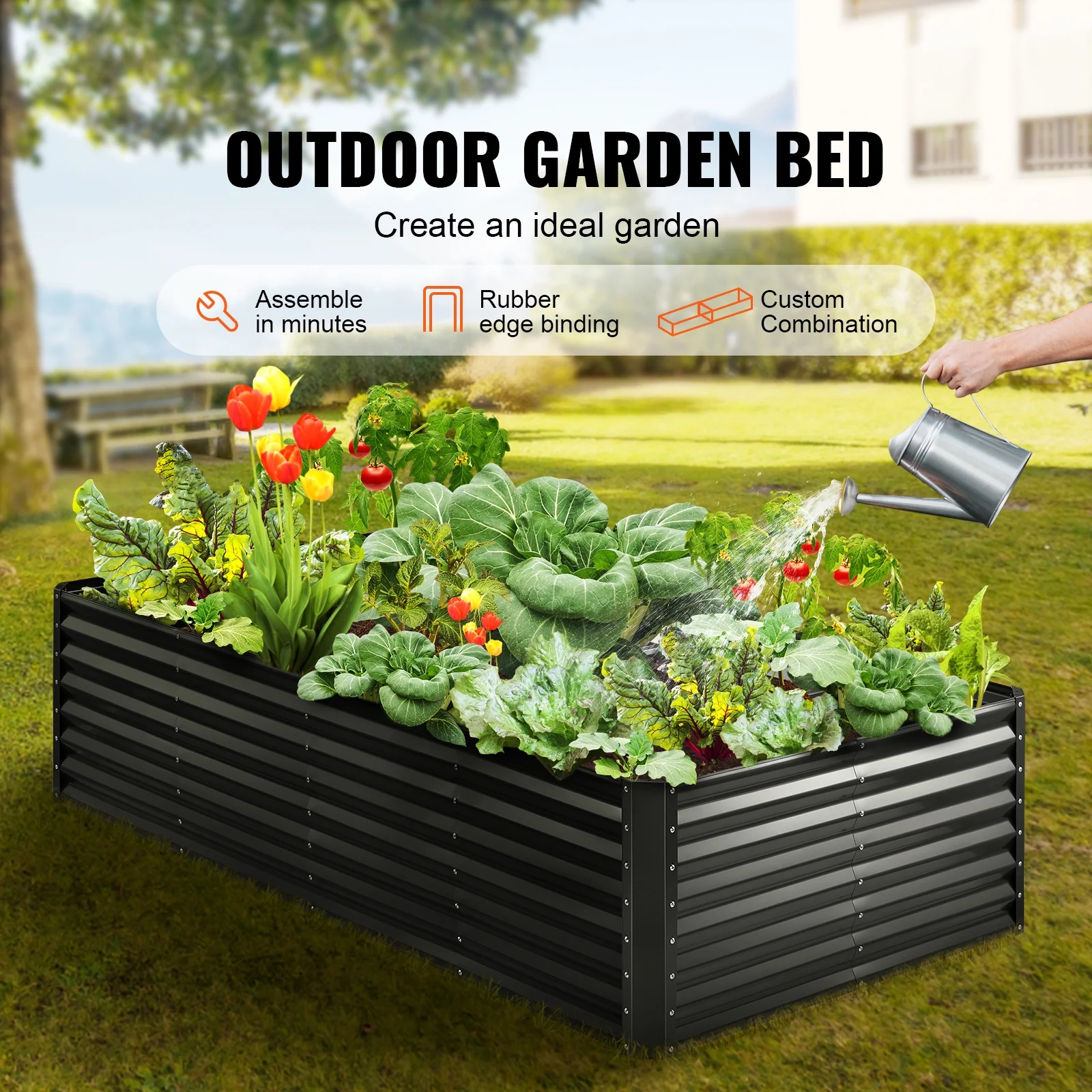 BENTISM Galvanized Raised Garden Bed, 8x4x2 FT Large Metal Raised Planter Box Garden Beds Outdoor for Vegetables Flowers and Herbs with Open Bottom and Planting Tools, Dark Grey