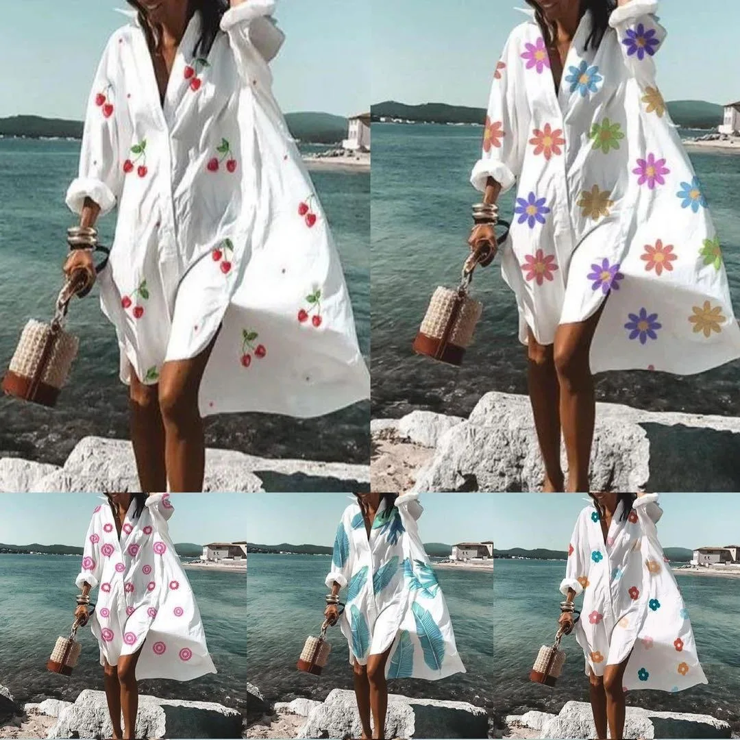 Color Flowers Printed Shirts Dresses Women Fashion Temperament Commuting Loose Midi Shirts Dress Lady Vestidos Spring Summer New - AZJHJ